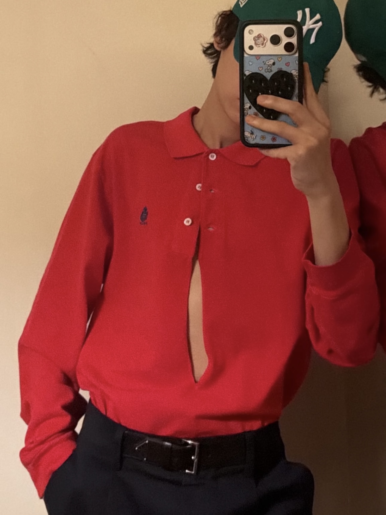 가니 버터플라이 로고 컷아웃 롱슬리브 피케 폴로 셔츠