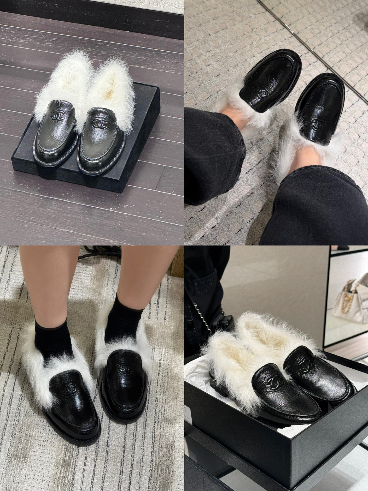 샤넬 CC 로고 퍼 트리밍 뮬 로퍼