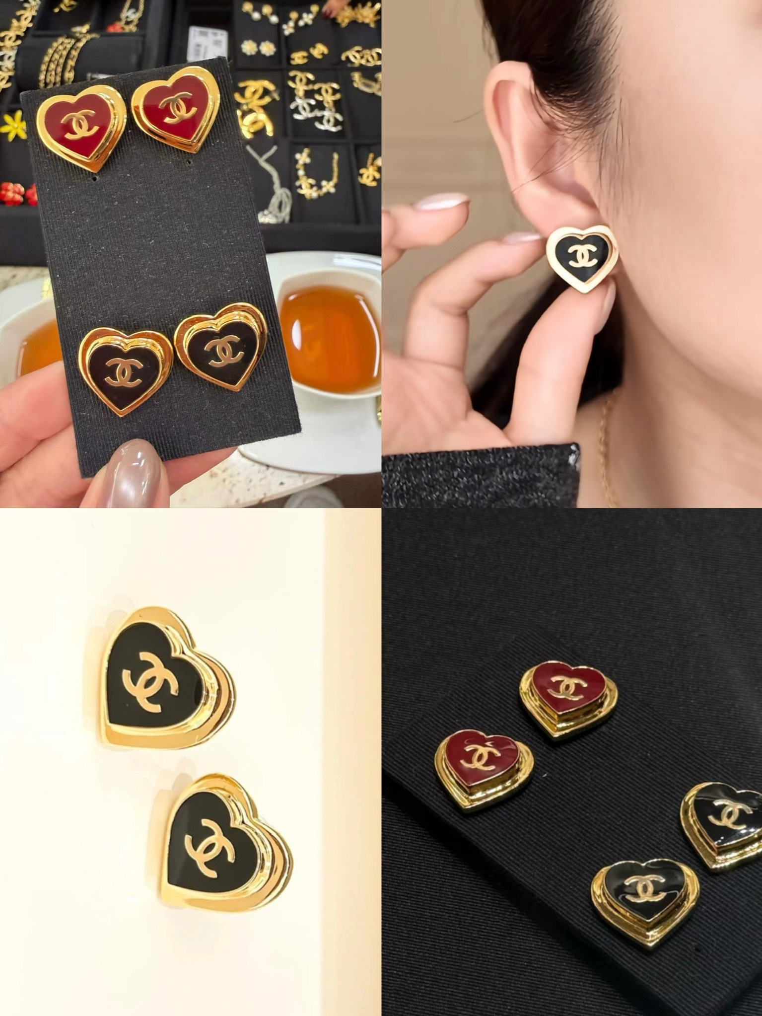 샤넬 CC 로고 하트 스터드 귀걸이