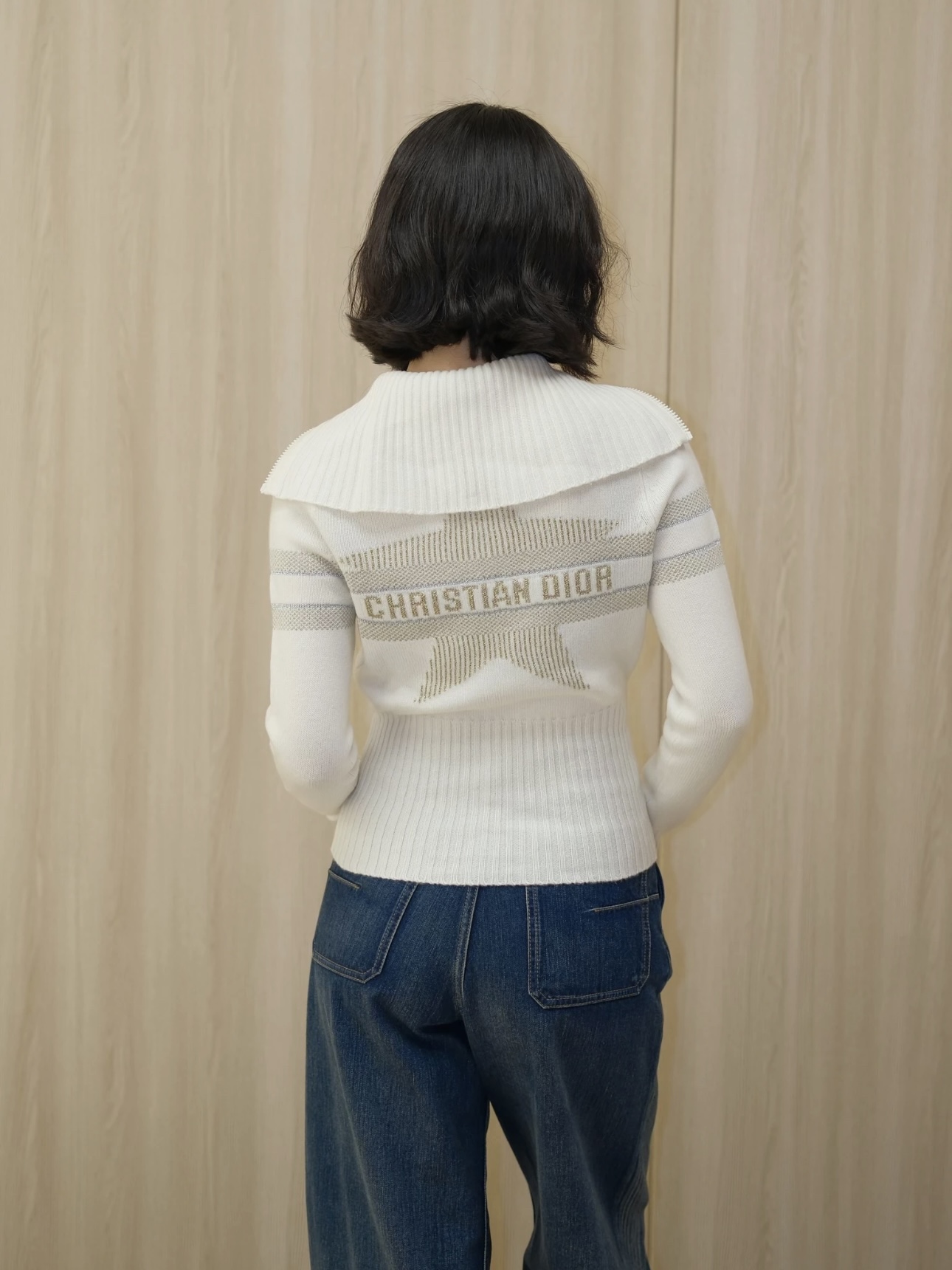 디올 Christian Dior 스타 모티프 세일러 칼라 리브 니트 스웨터