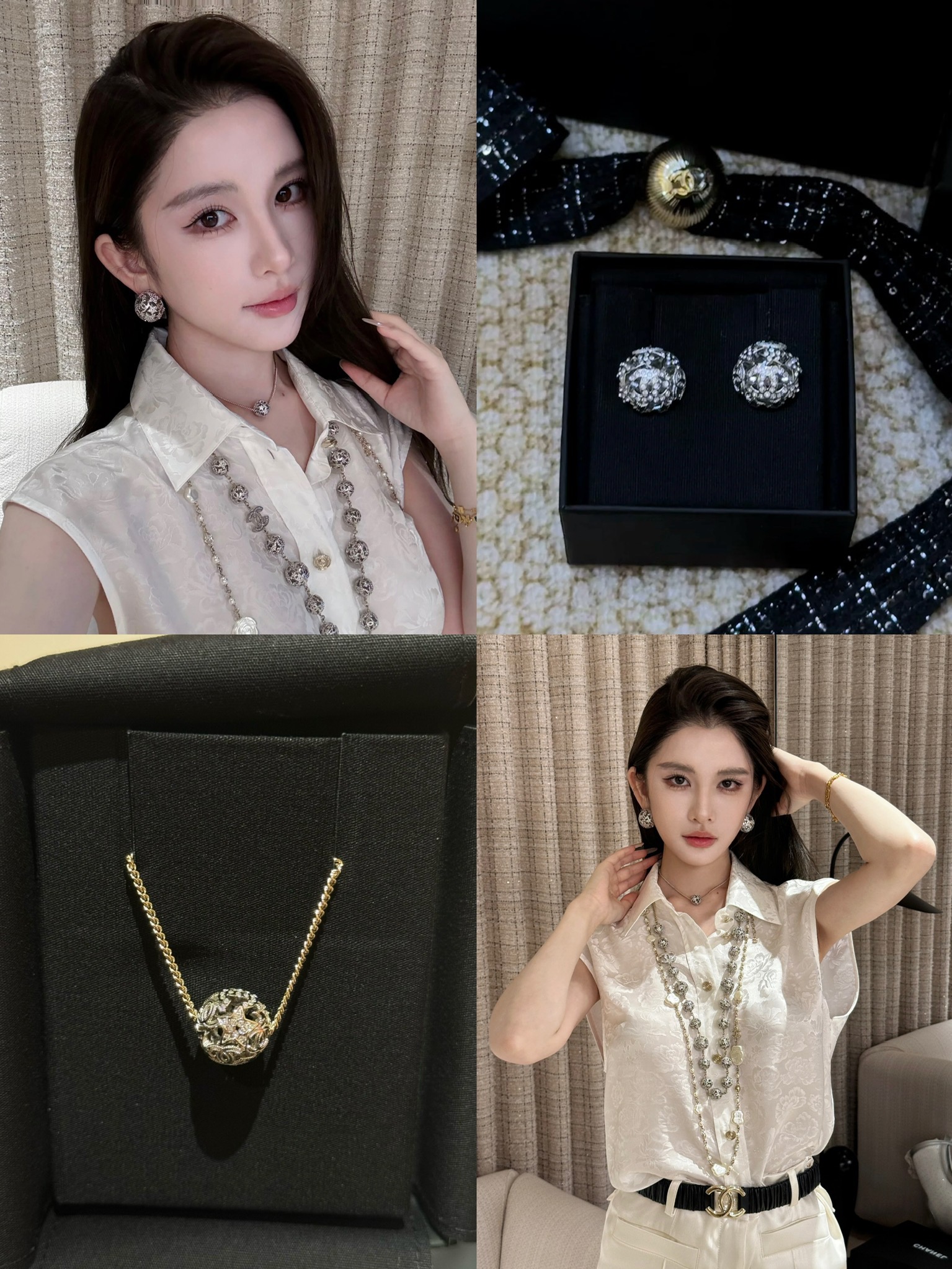 샤넬 CC 로고 라운드 메달리온 체인 네크리스 및 라운드 클립 이어링 세트