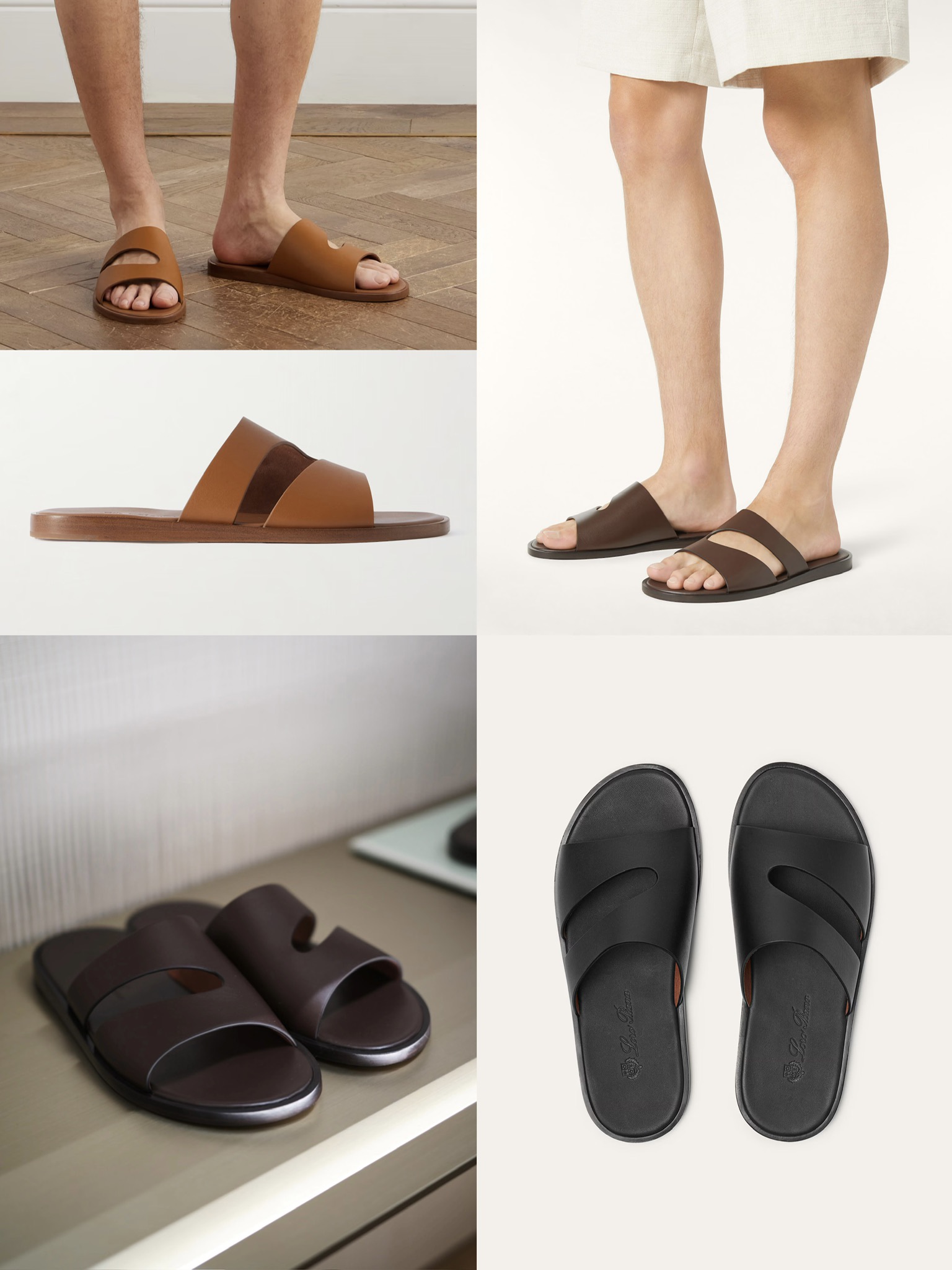 산토니 남성 더블 스트랩 컷아웃 레더 슬라이드 샌들
