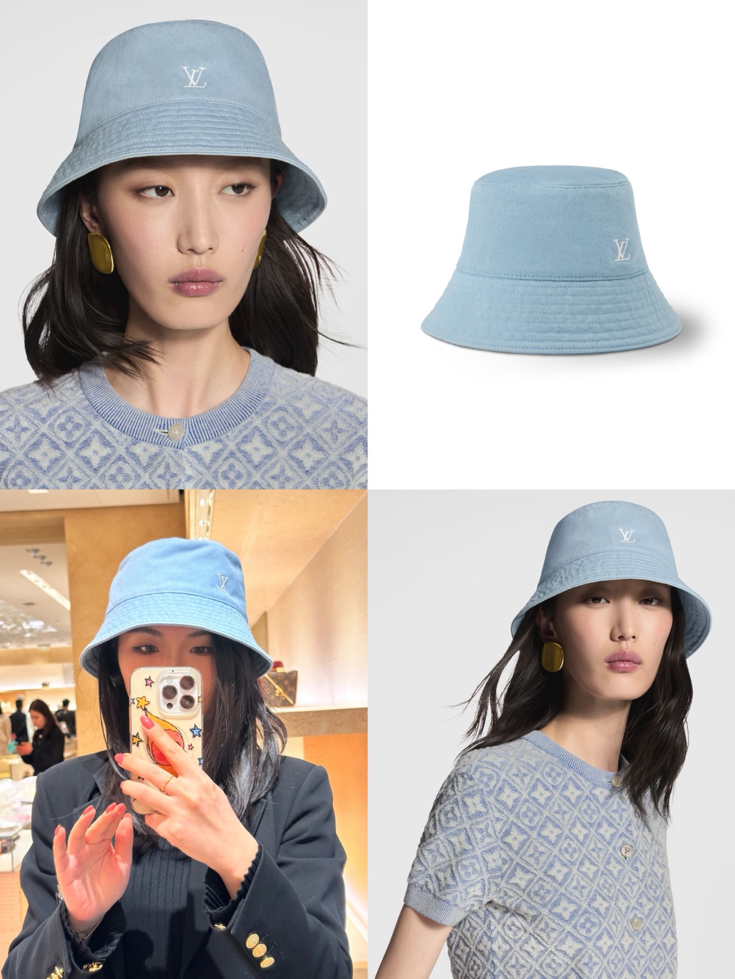 루이비통 LV 자수 워싱 데님 버킷 햇