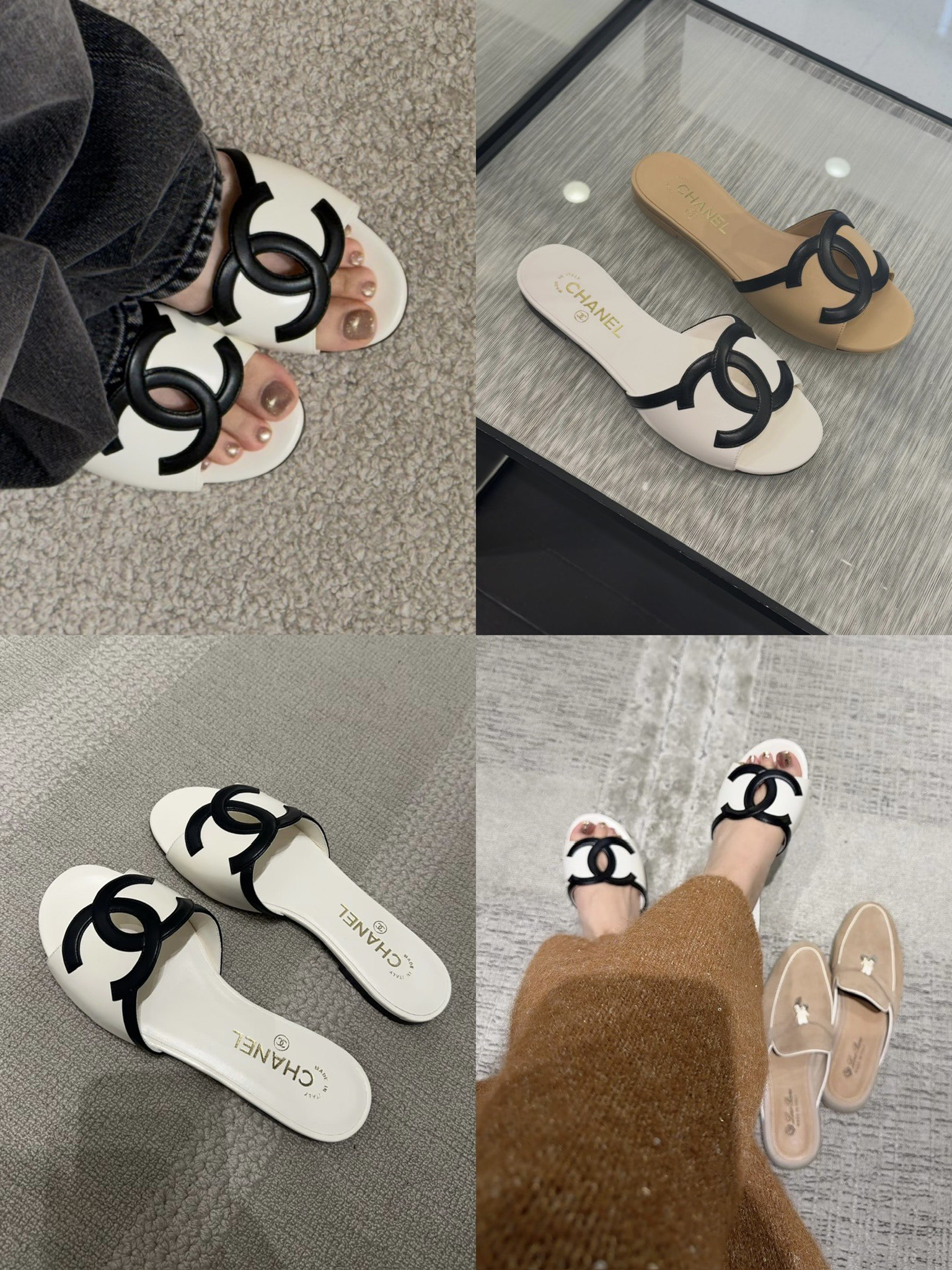 샤넬 인터로킹 CC 로고 플랫 슬라이드 샌들