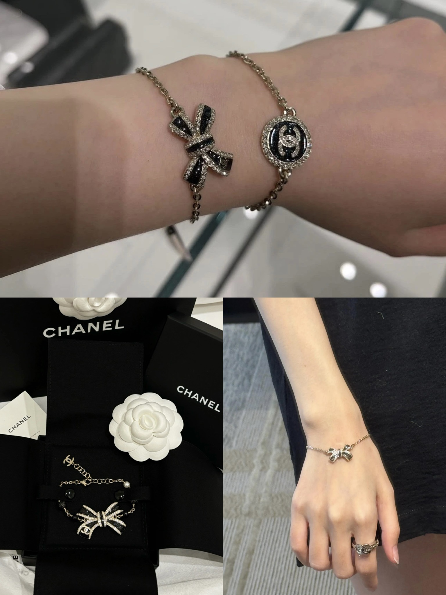 샤넬 CC 로고 크리스털 리본 체인 브레이슬릿