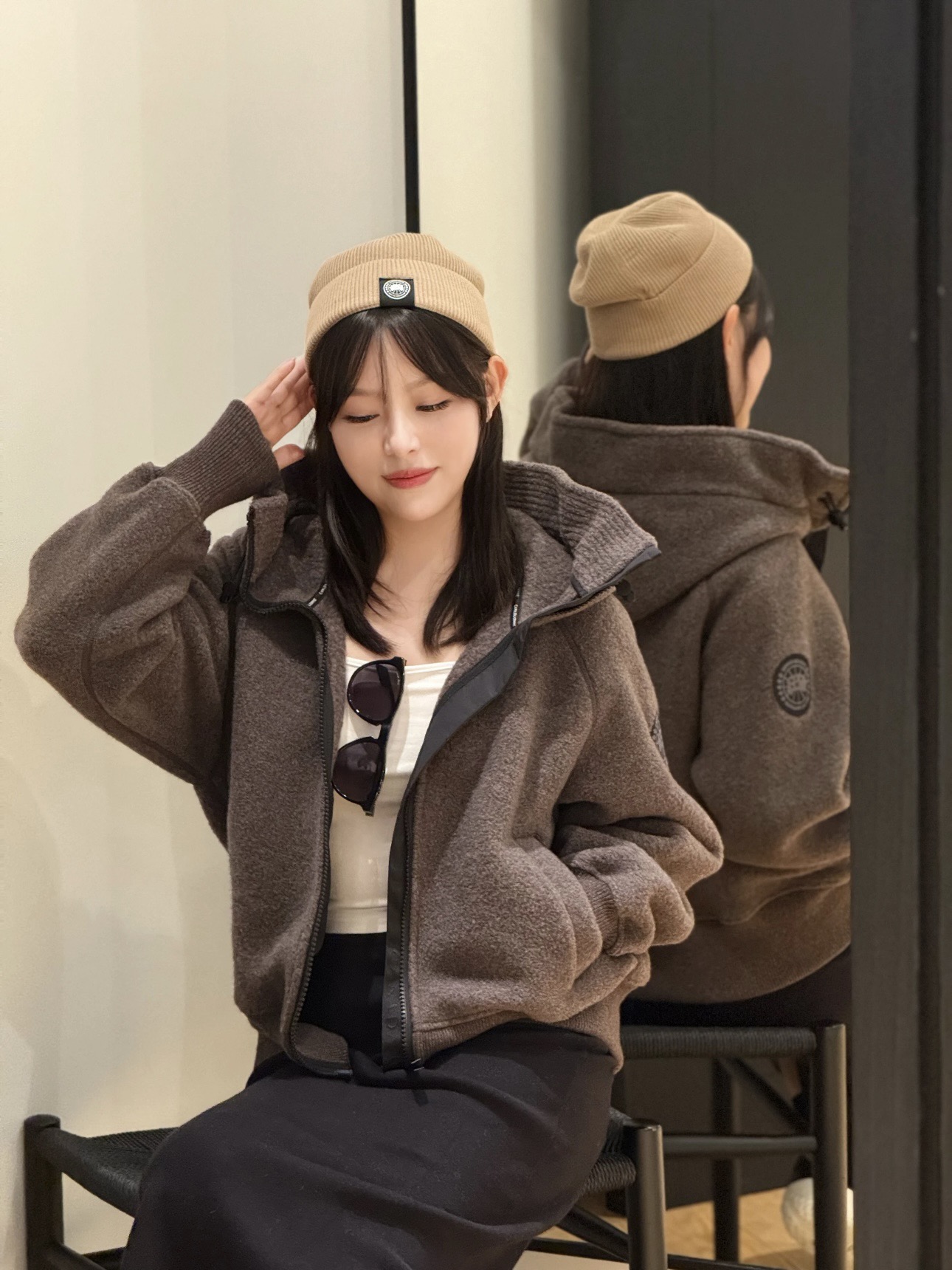 캐나다구스 로고 패치 플리스 후드 집업 재킷