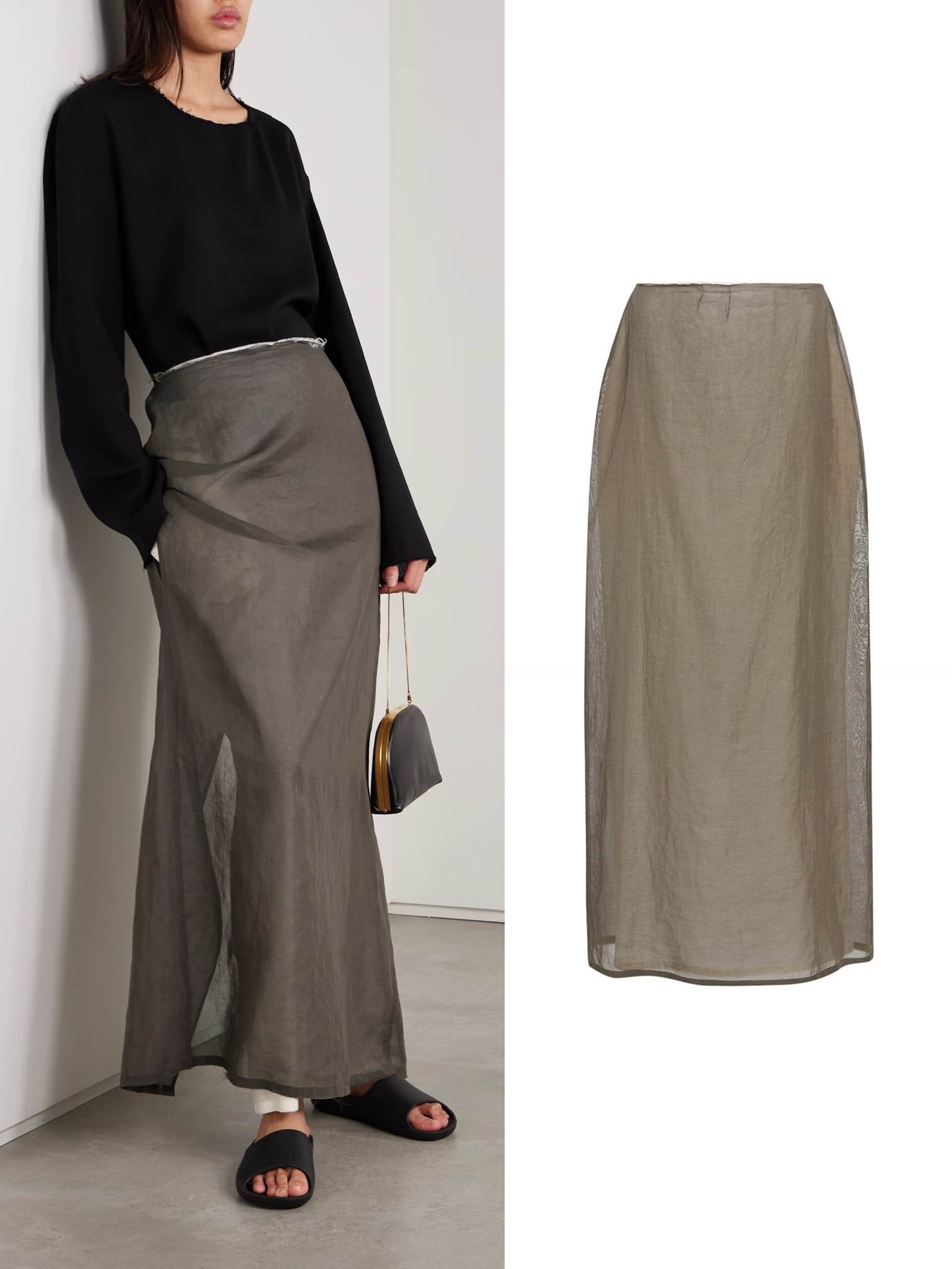 미상 시어 레이어드 맥시 스커트
