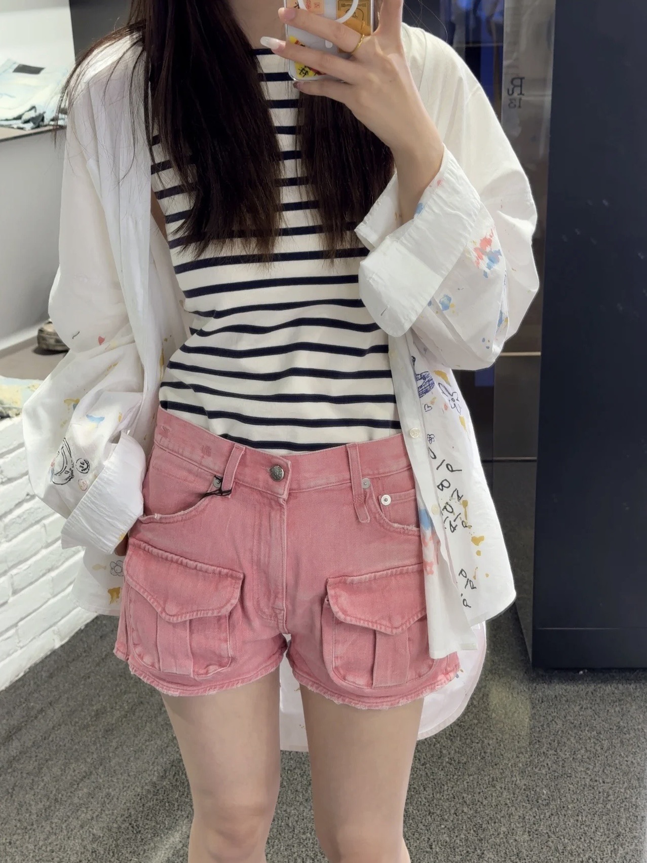 디젤 핑크 워시드 데님 카고 쇼츠