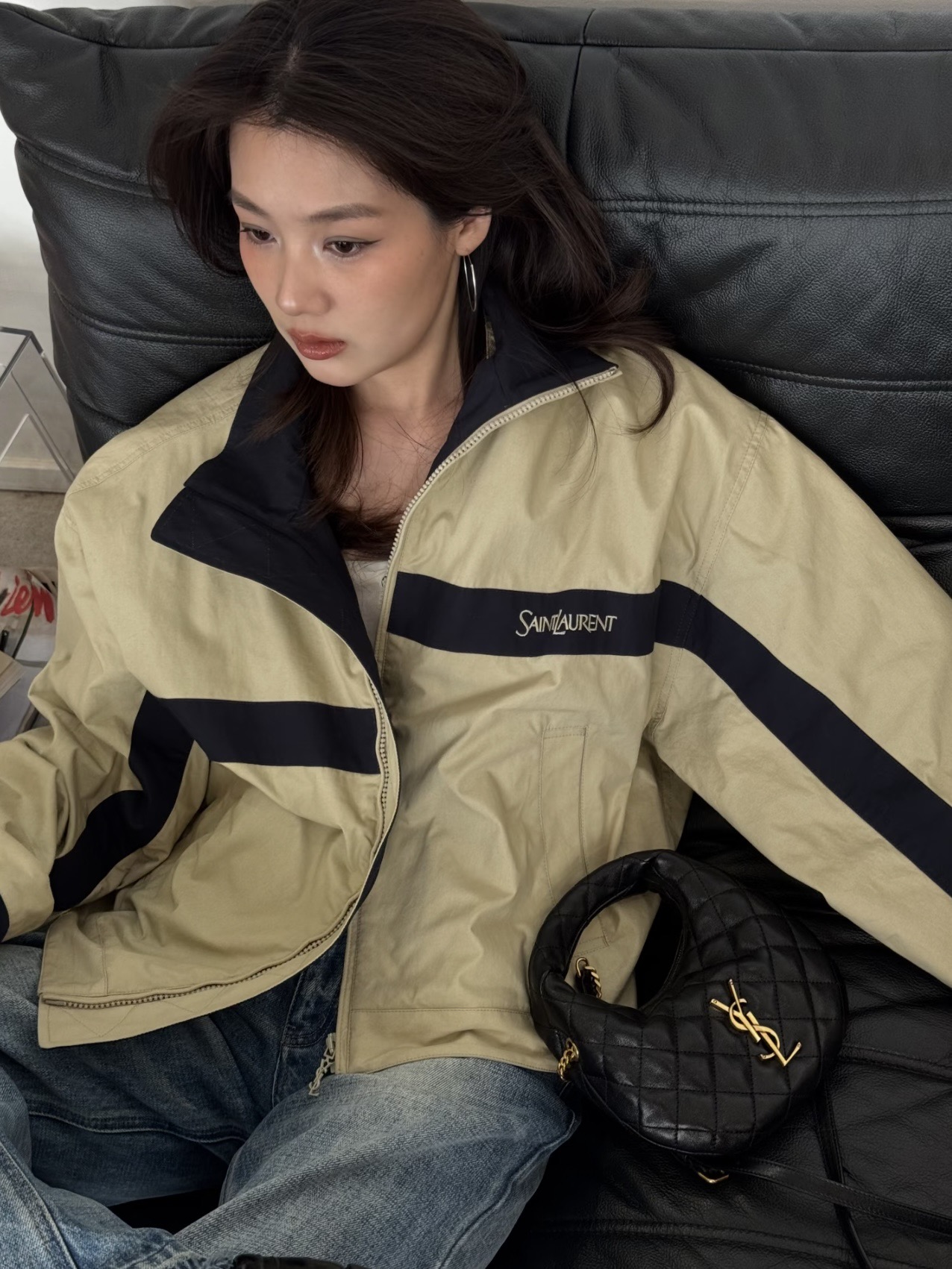생 로랑 로고 스트라이프 집업 코치 재킷