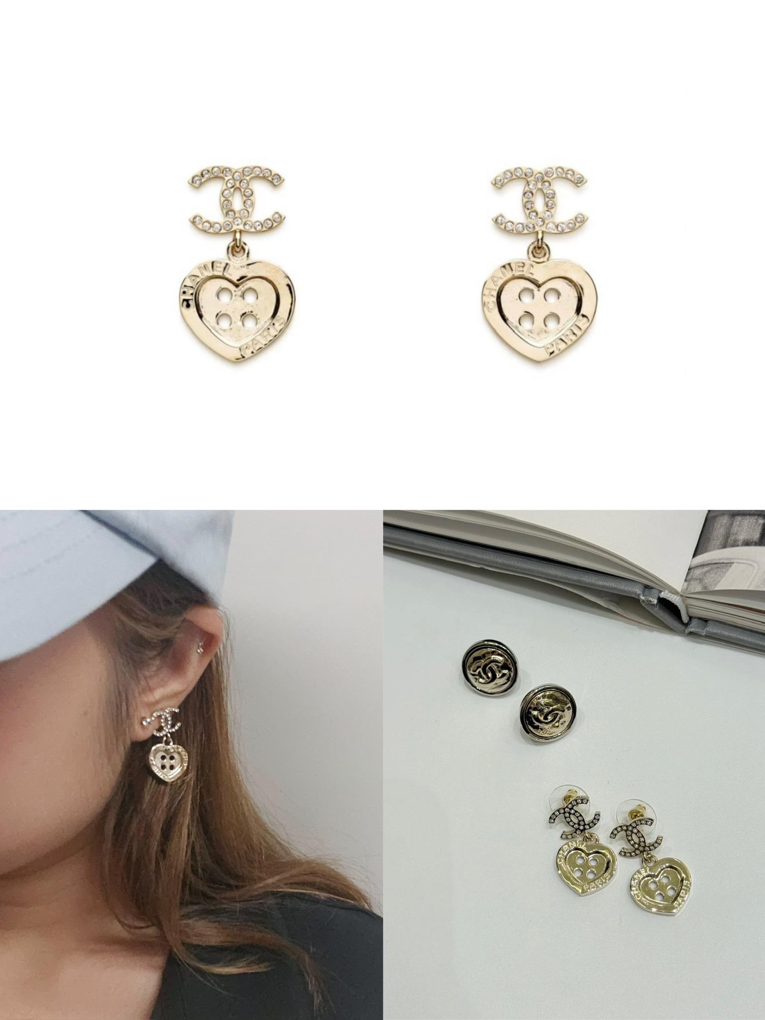 샤넬 CC 크리스탈 하트 드롭 귀걸이