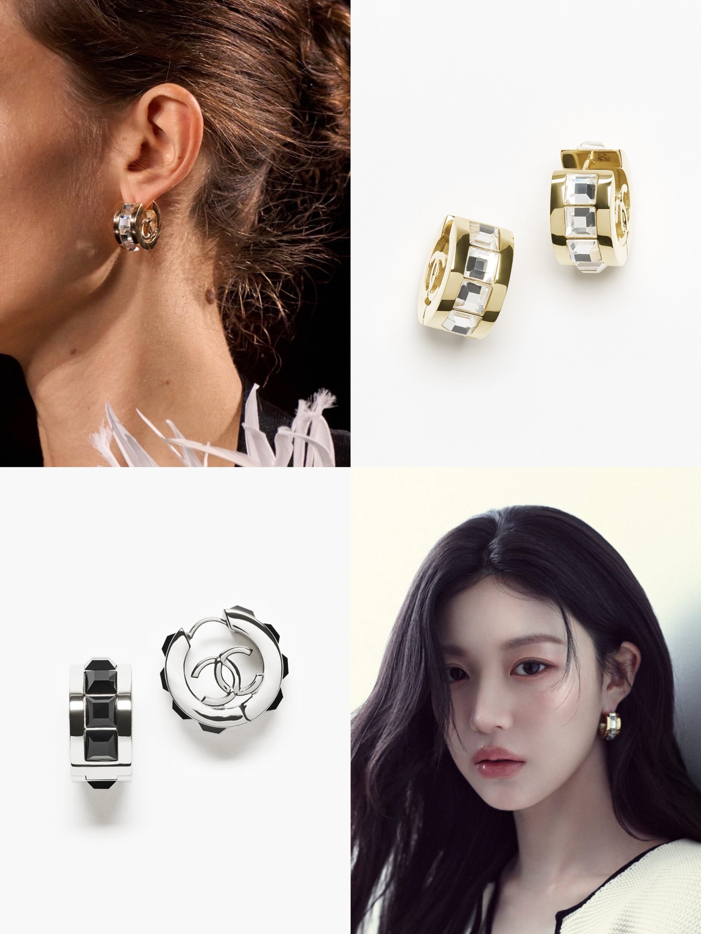 샤넬 까멜리아 CC 스퀘어 크리스털 후프 이어링