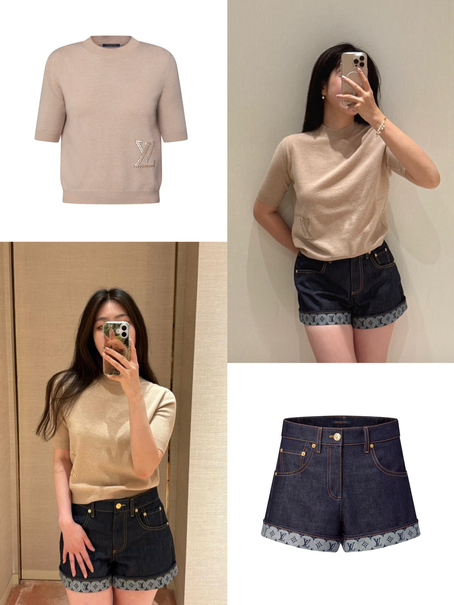 루이 비통 LV 로고 자수 반팔 니트 톱 및 모노그램 커프 데님 쇼츠