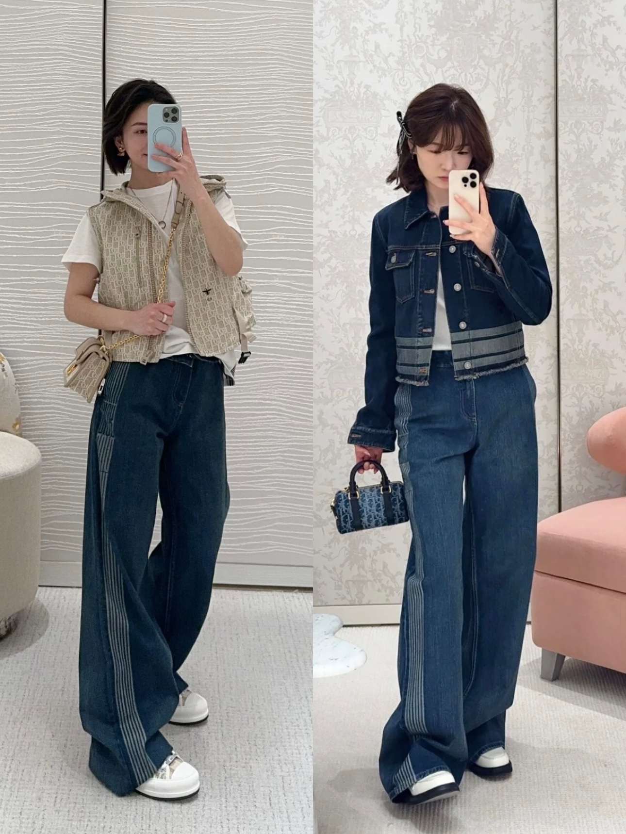 디올 사이드 스트라이프 와이드 레그 데님 진