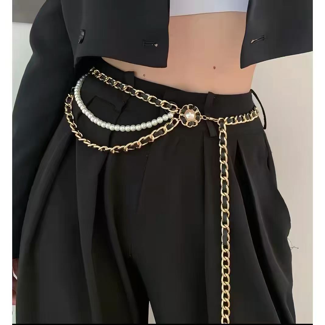 샤넬 스타일 펄 장식 플라워 체인 레이어드 허리 벨트