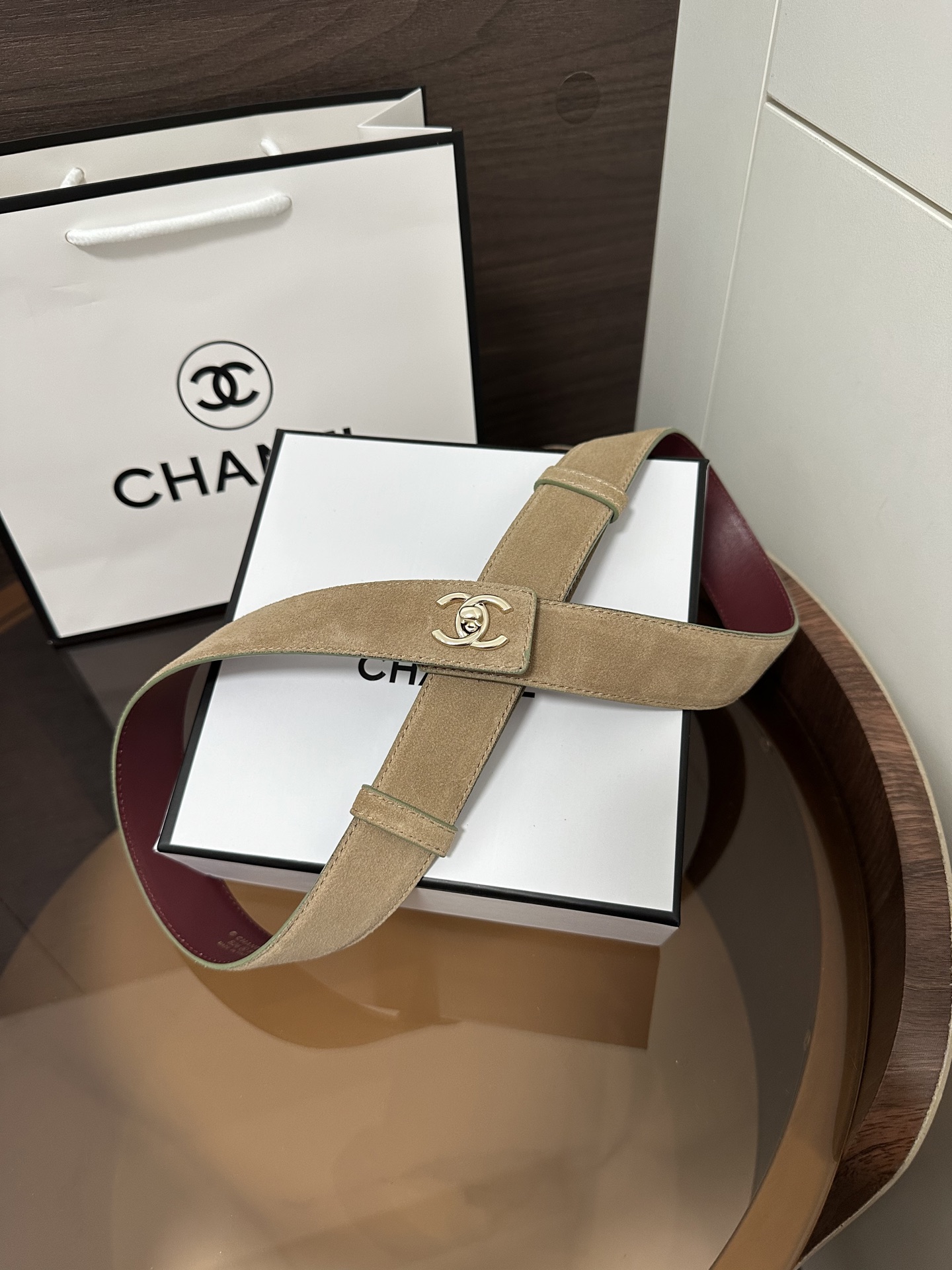 샤넬 더블 C 로고 버클 스웨이드 와이드 벨트