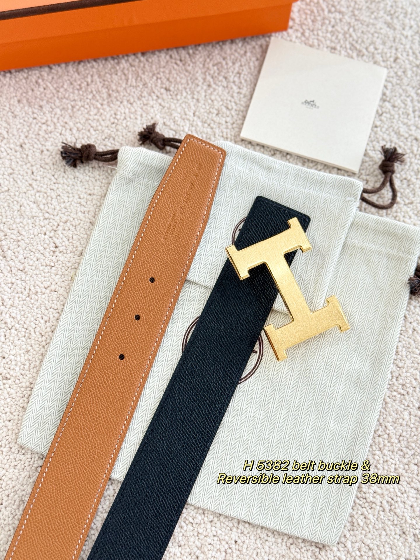 에르메스 H5382 H 버클 리버서블 가죽 벨트 38mm