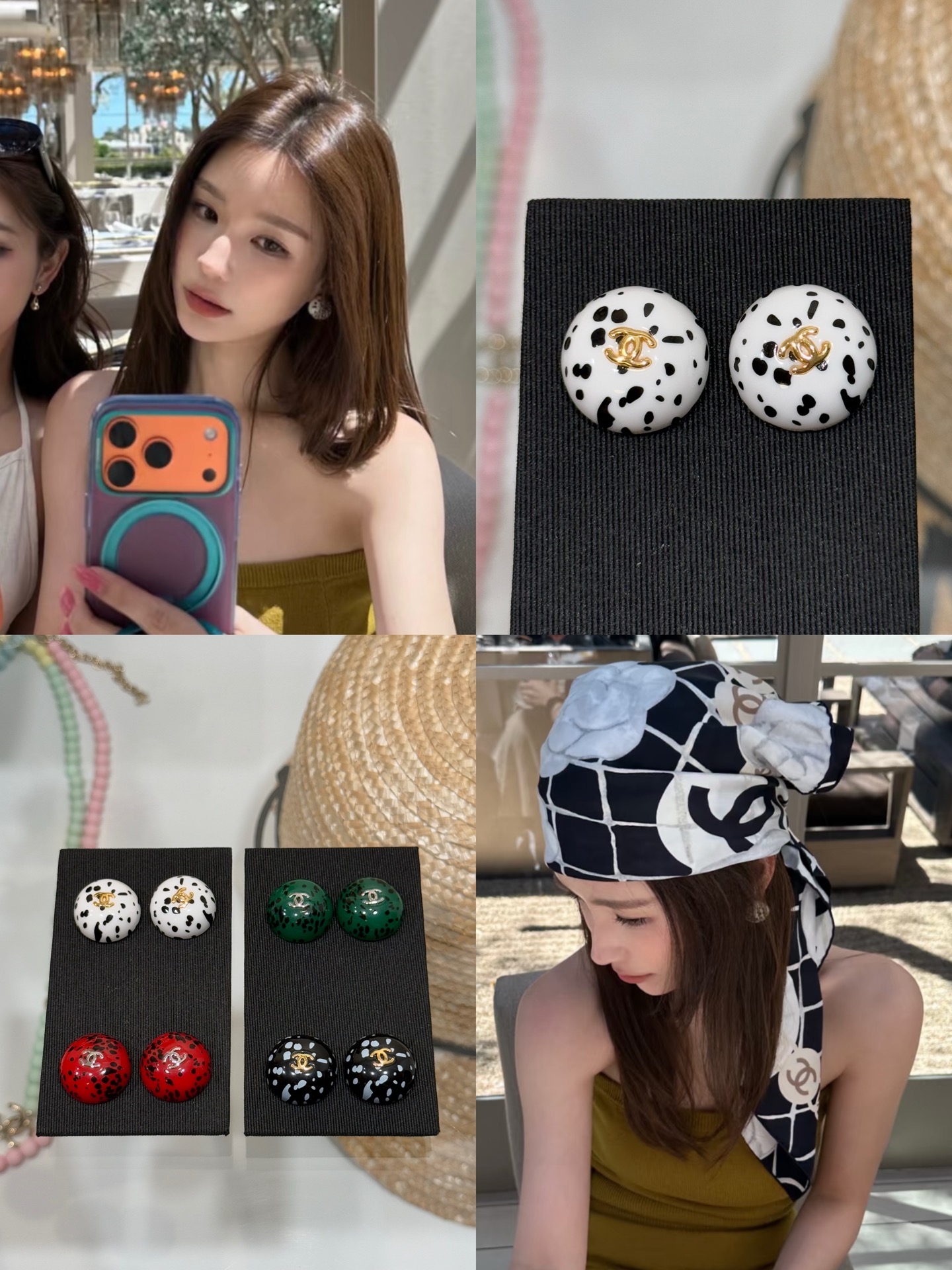 샤넬 CC 로고 달마시안 스팟 반구형 클립온/스터드 귀걸이