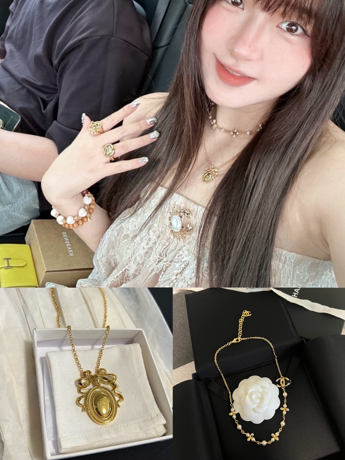 디올 리본 장식 오벌 로고 메달리온 펜던트 네크리스