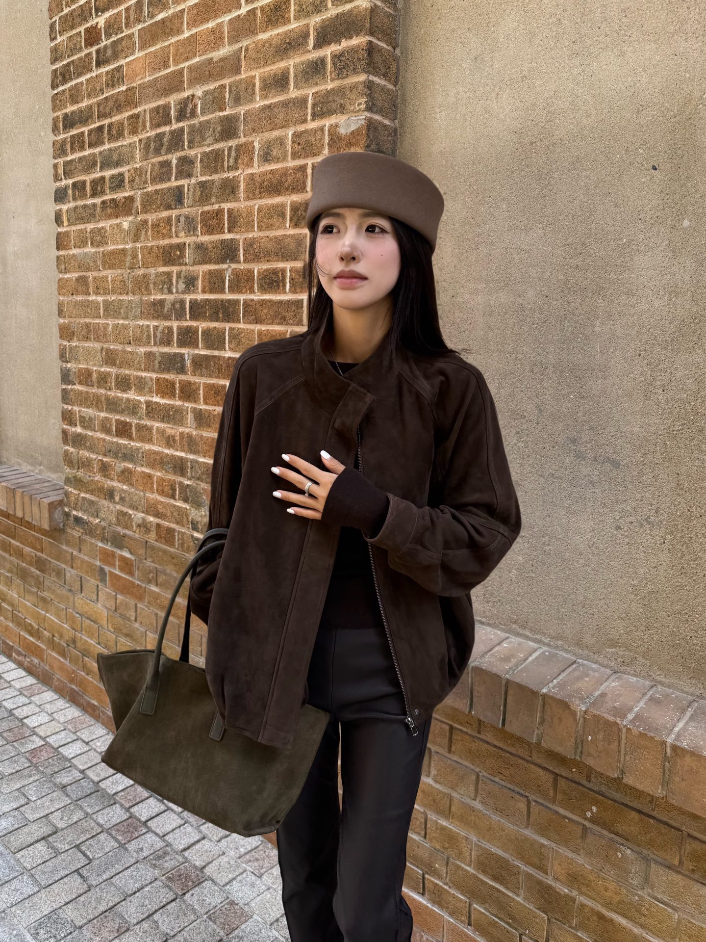 노브랜드 스웨이드 양가죽 하이넥 집업 블루종 재킷