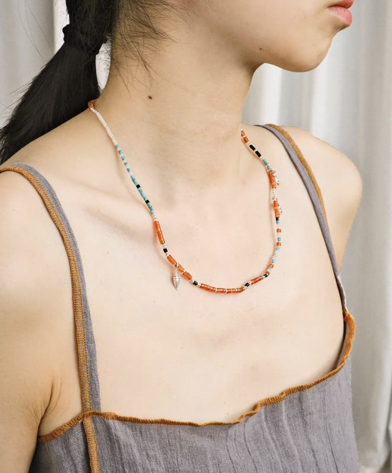 엔사지 오렌지·터쿼이즈 믹스 비즈 925 실버 펜던트 롱 목걸이/3줄 브레이슬릿