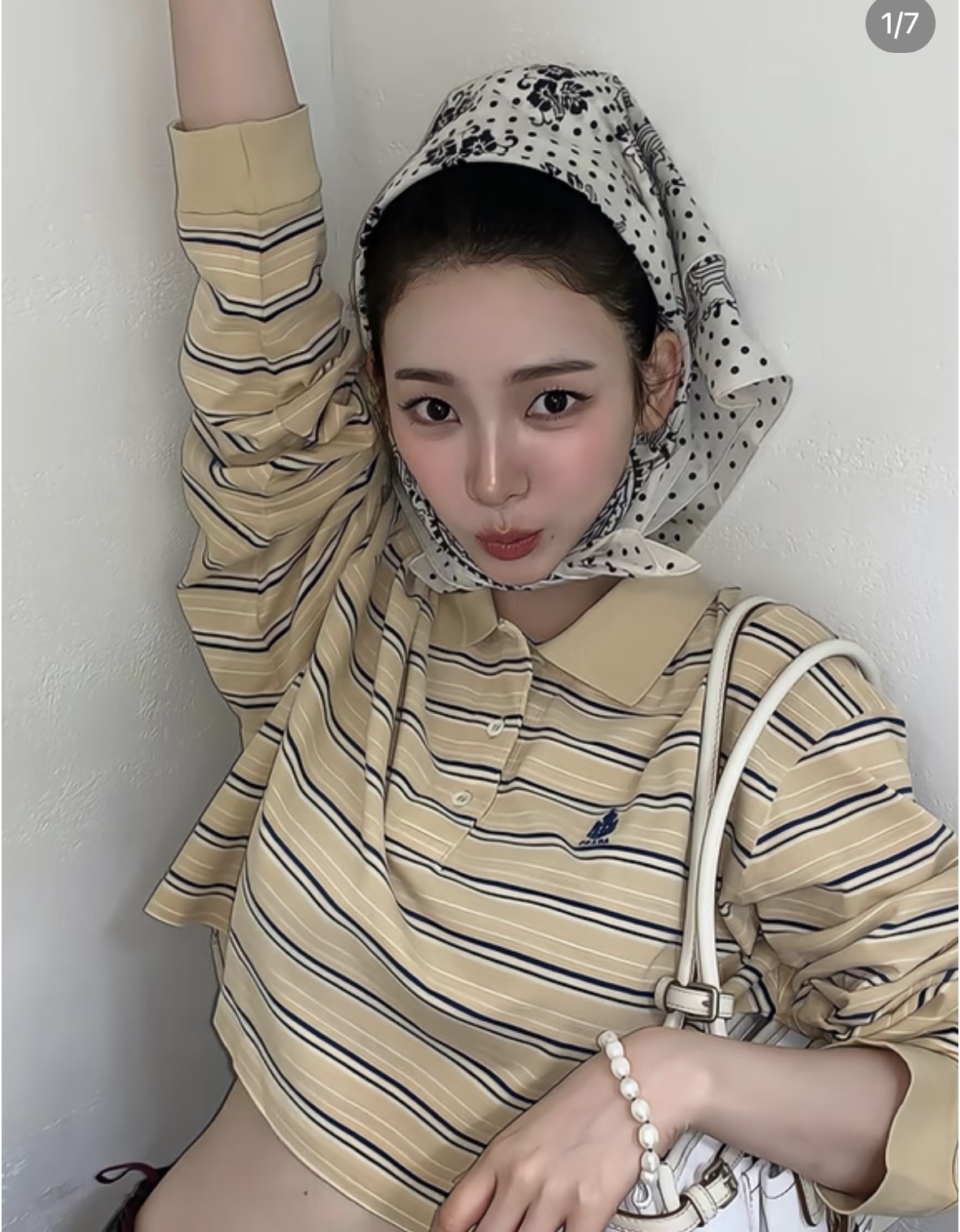 라코스테 크로커다일 자수 스트라이프 크롭 롱슬리브 폴로 셔츠
