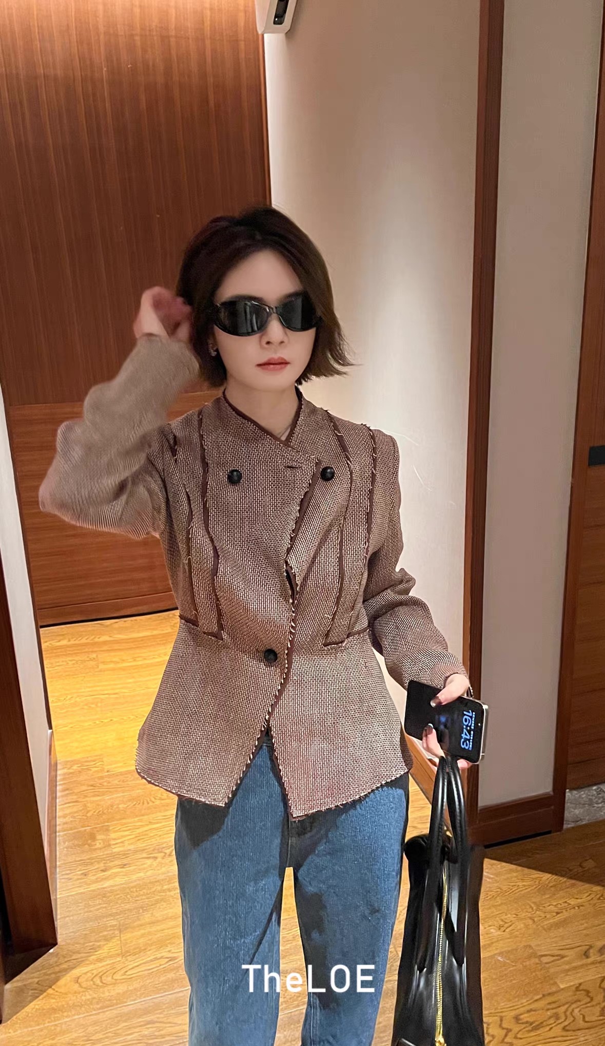 로에베 비대칭 더블 브레스트 프린지 트위드 재킷