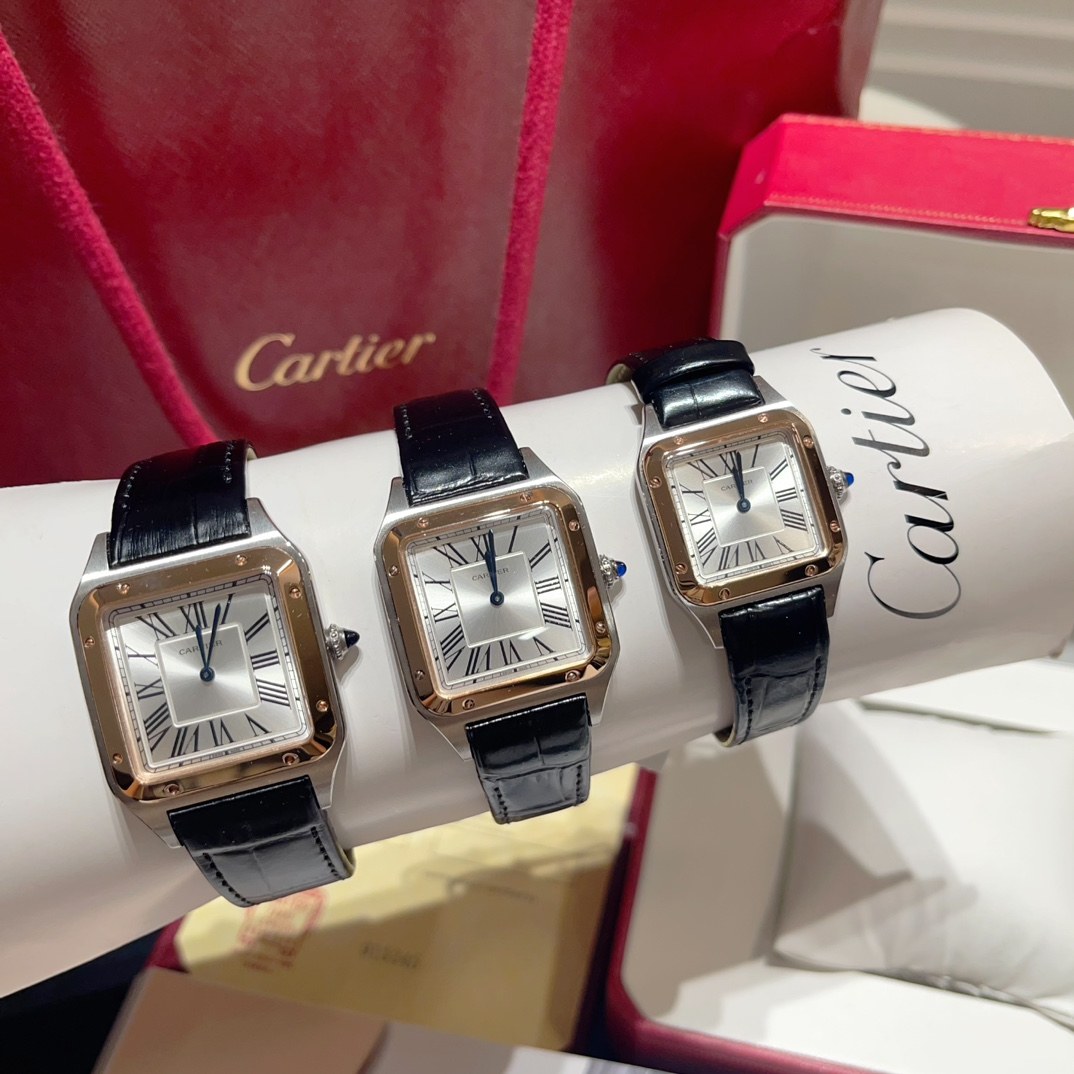 까르띠에 산토스 뒤몽(Santos-Dumont) 스틸·로즈 골드 톤 스퀘어 가죽 스트랩 워치