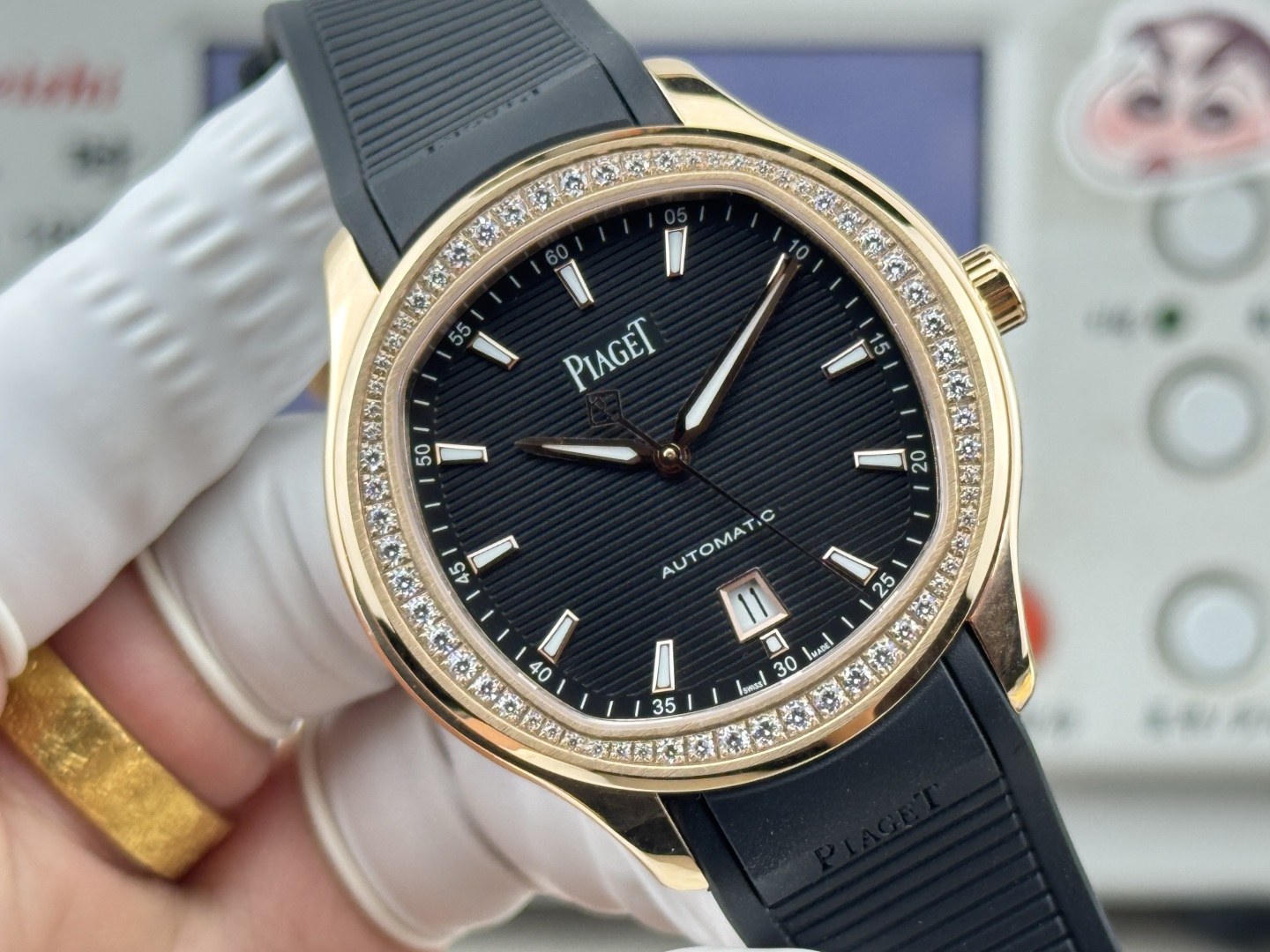 피아제 폴로 데이트 오토매틱 다이아몬드 베젤 러버 스트랩