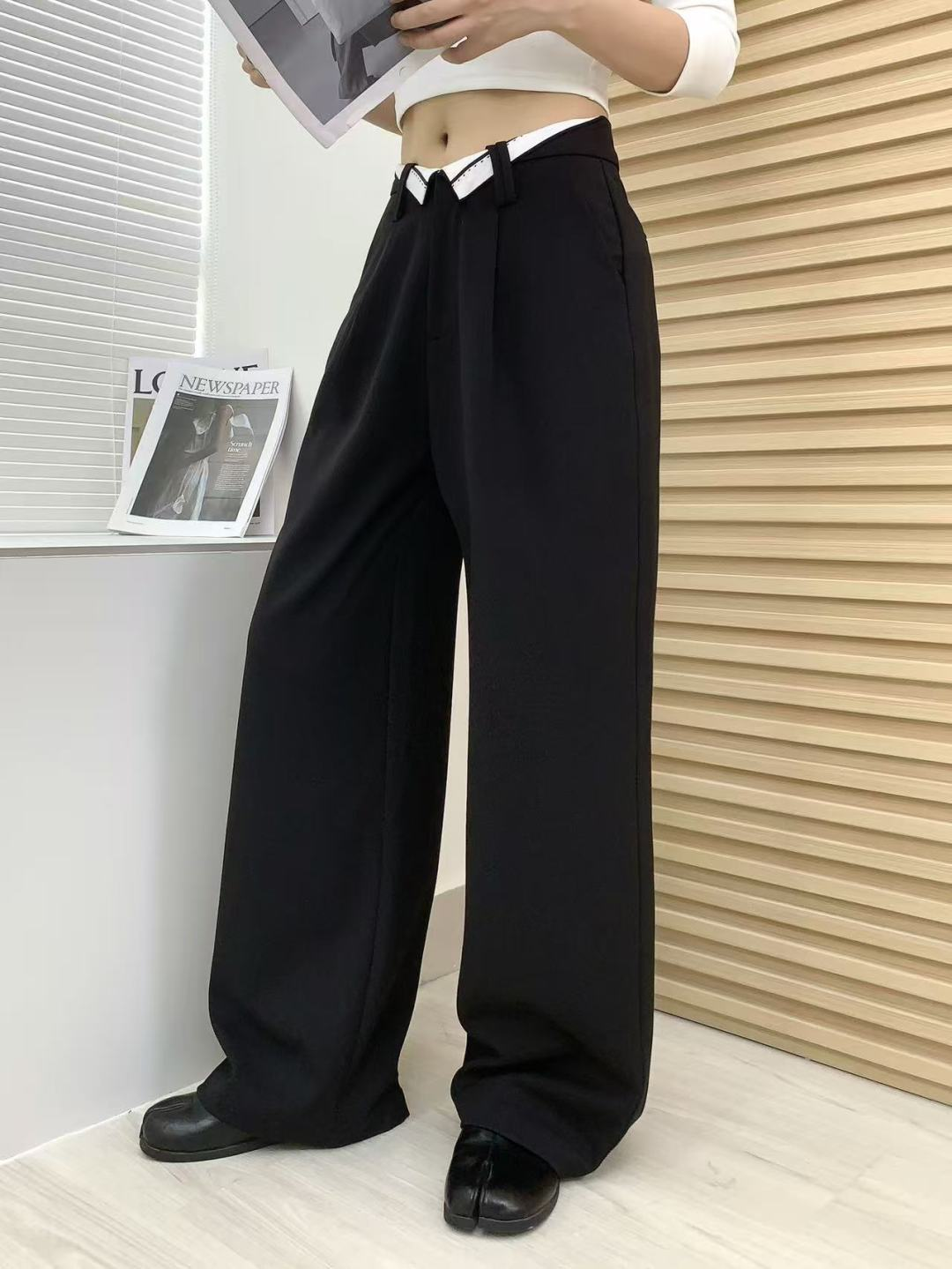 MM6 메종 마르지엘라 하이웨이스트 폴드오버 웨이스트 와이드 스트레이트 팬츠