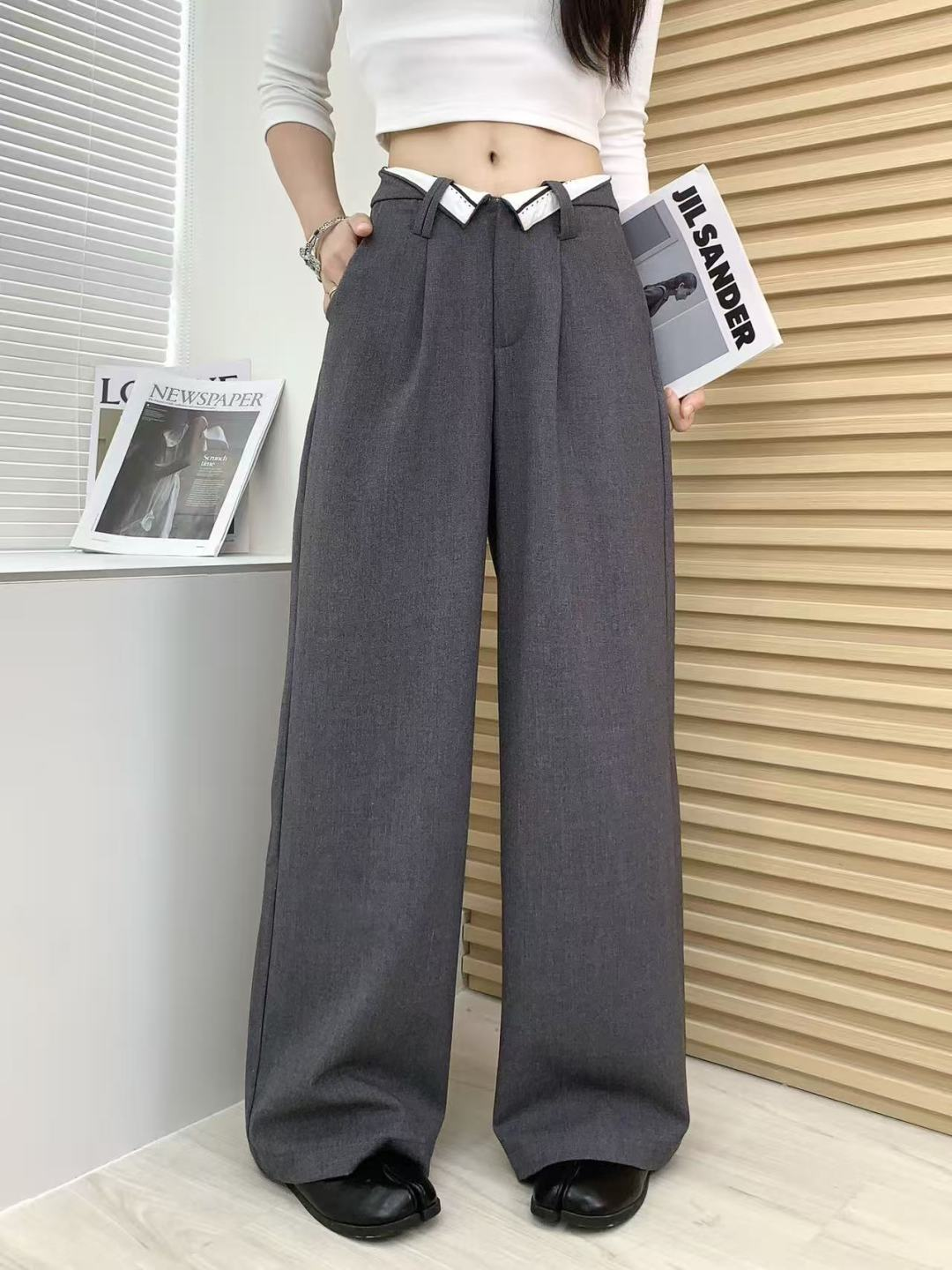 MM6 메종 마르지엘라 하이웨이스트 폴드오버 웨이스트 와이드 스트레이트 팬츠