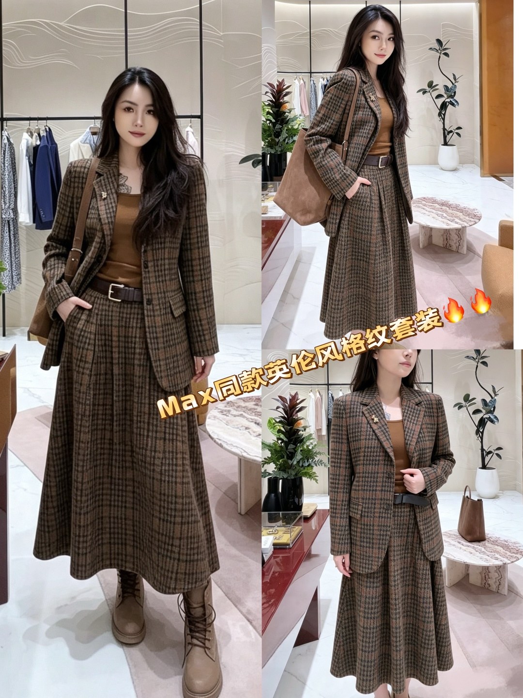 막스마라 체크 울 테일러드 재킷·플레어 미디 스커트 벨트 세트
