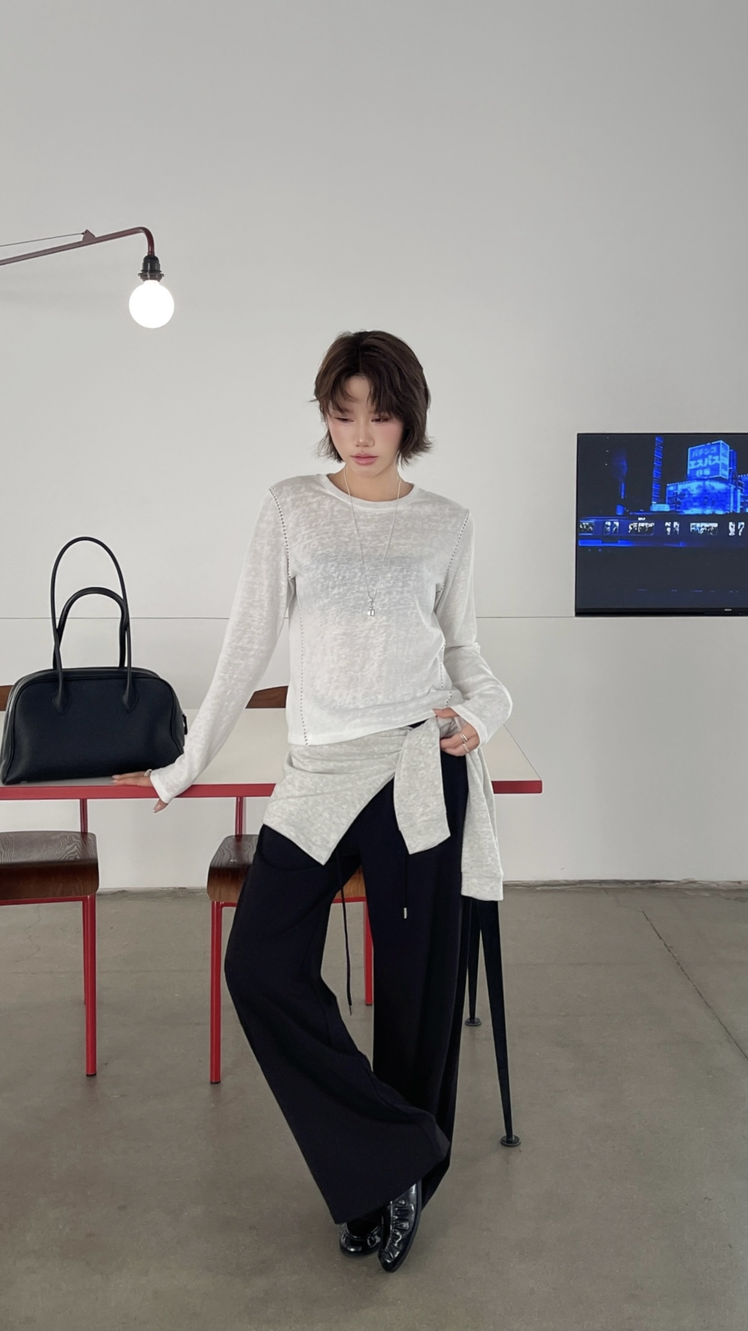 MM6 메종 마르지엘라 포 스티치 콘트라스트 스티치 레이어드 롱슬리브 탑