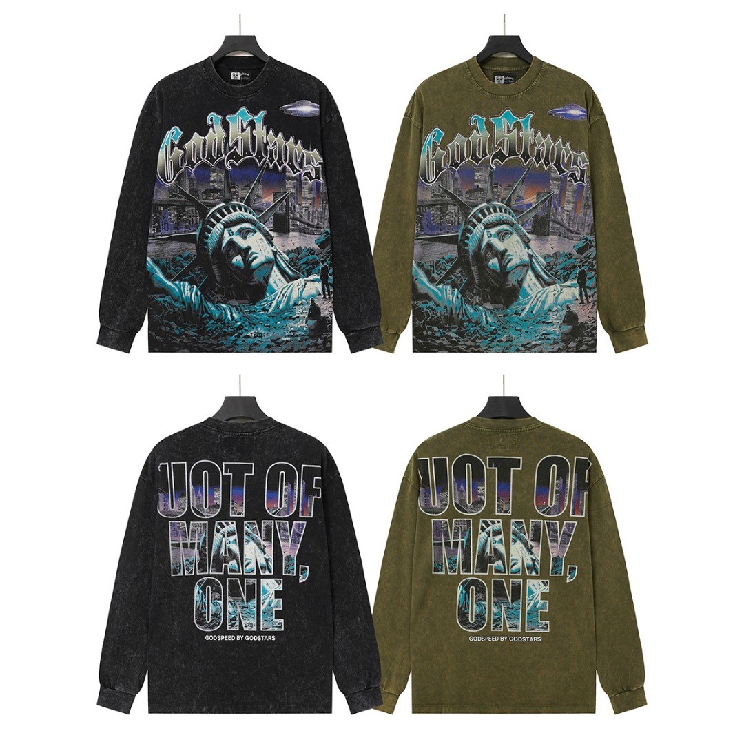 갓스피드 갓스피드(Godspeed) 자유의 여신상 그래픽 워싱 롱슬리브 티셔츠