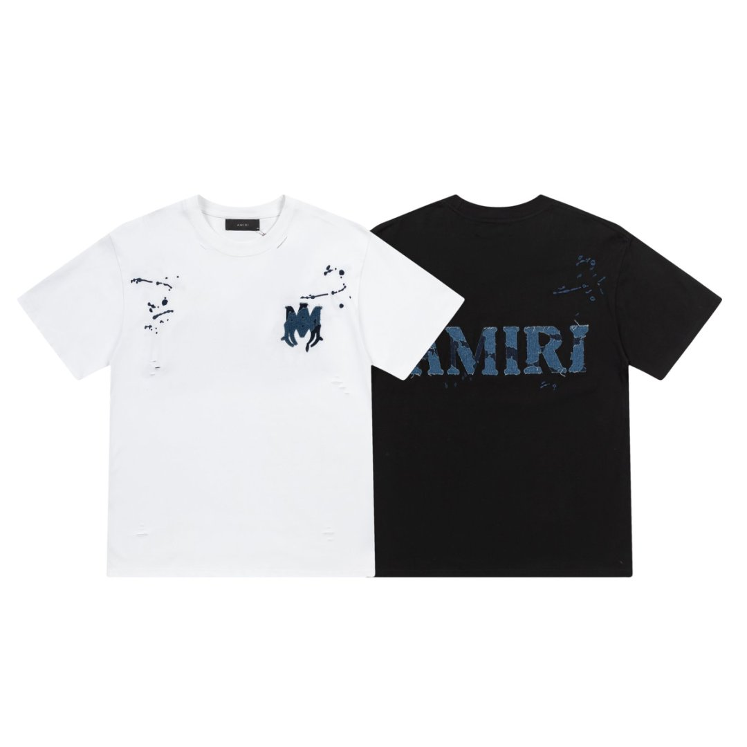 아미리 AMIRI 자수 로고 디스트레스드 반팔 티셔츠