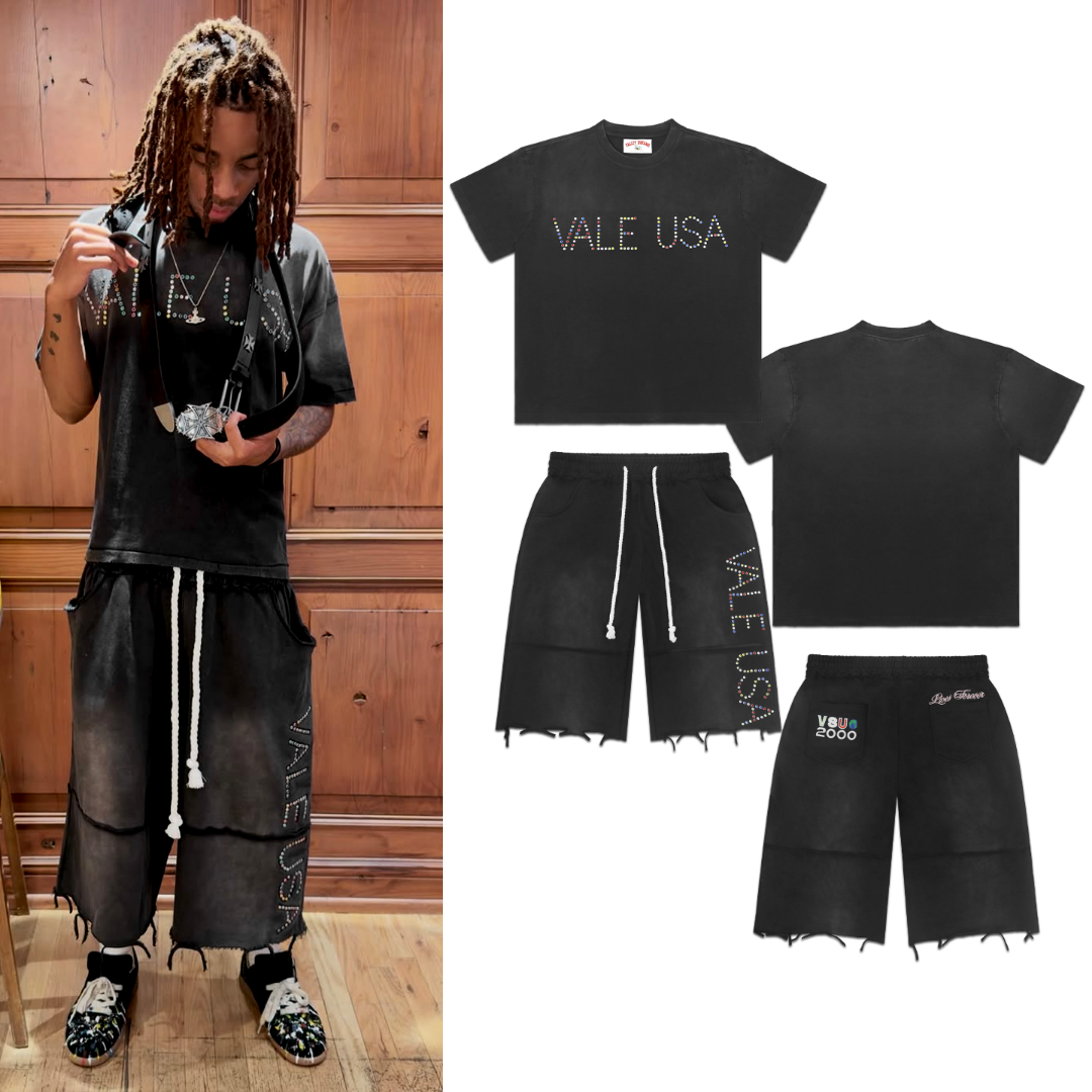 베일 포에버 VALE USA 라인스톤 워싱 디스트레스 반팔 티셔츠 & 쇼츠 세트