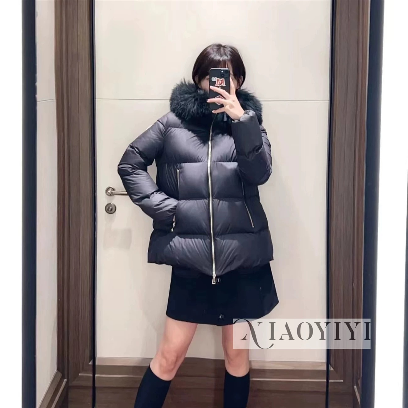 프라다 폭스 퍼 칼라 A라인 다운 패딩 재킷