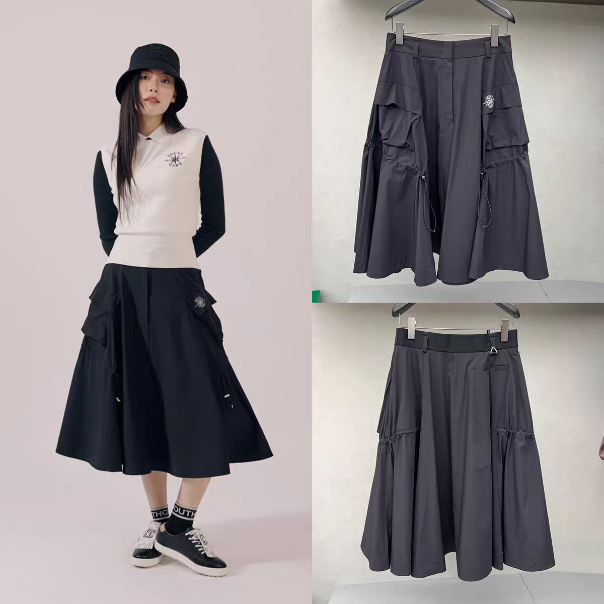 사우스케이프 여성 카고 포켓 플레어 미디 골프 스커트