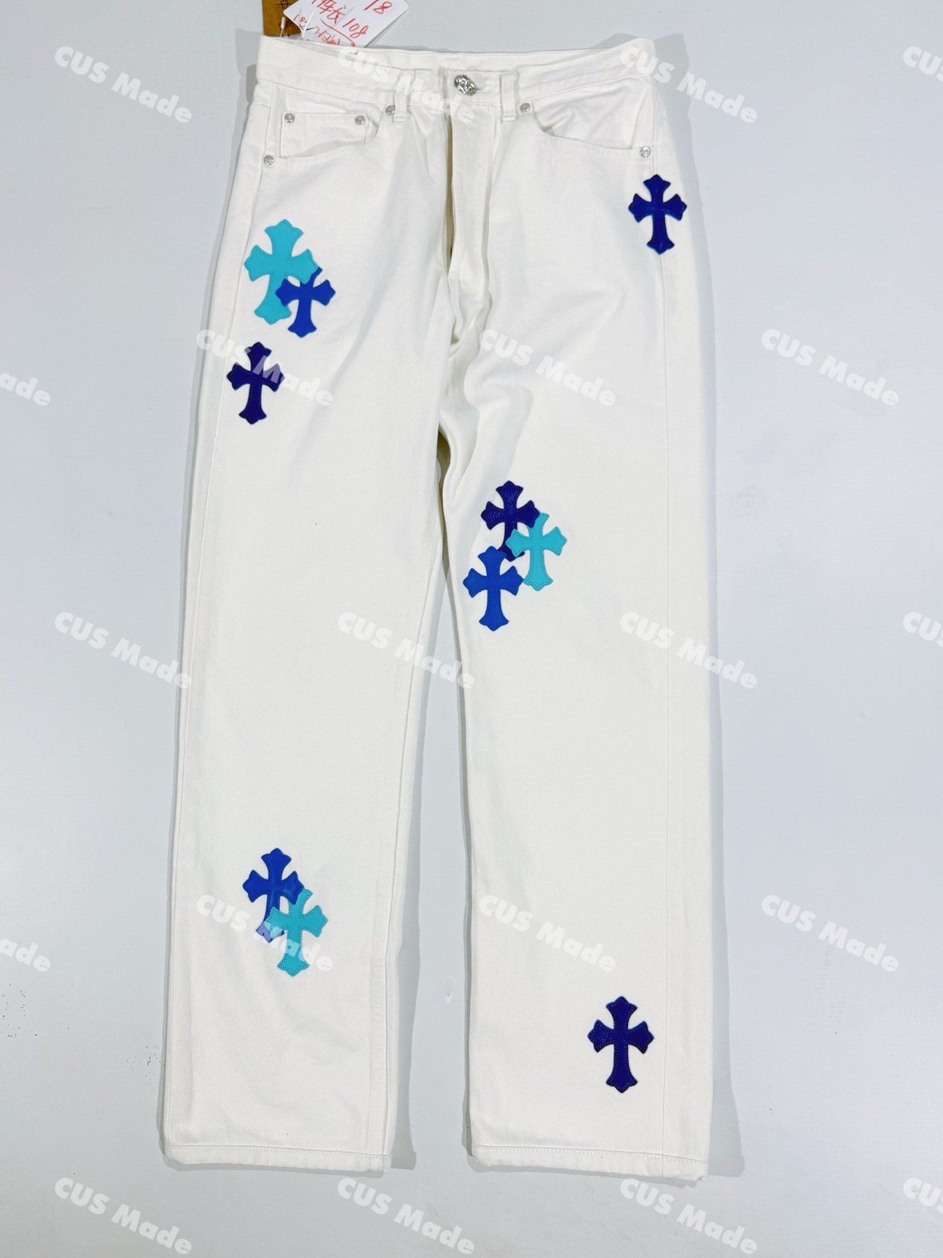 크롬하츠 런던 한정 멀티 컬러 크로스 패치 화이트 데님 진