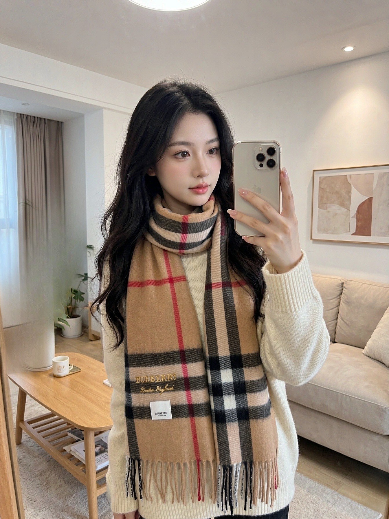 버버리 클래식 체크 캐시미어 프린지 머플러
