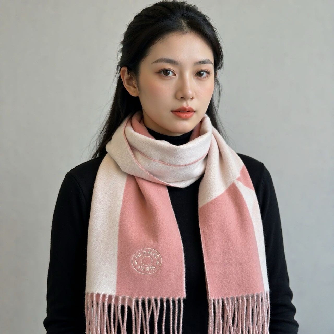 에르메스 로고 자수 리버서블 프린지 캐시미어 머플러