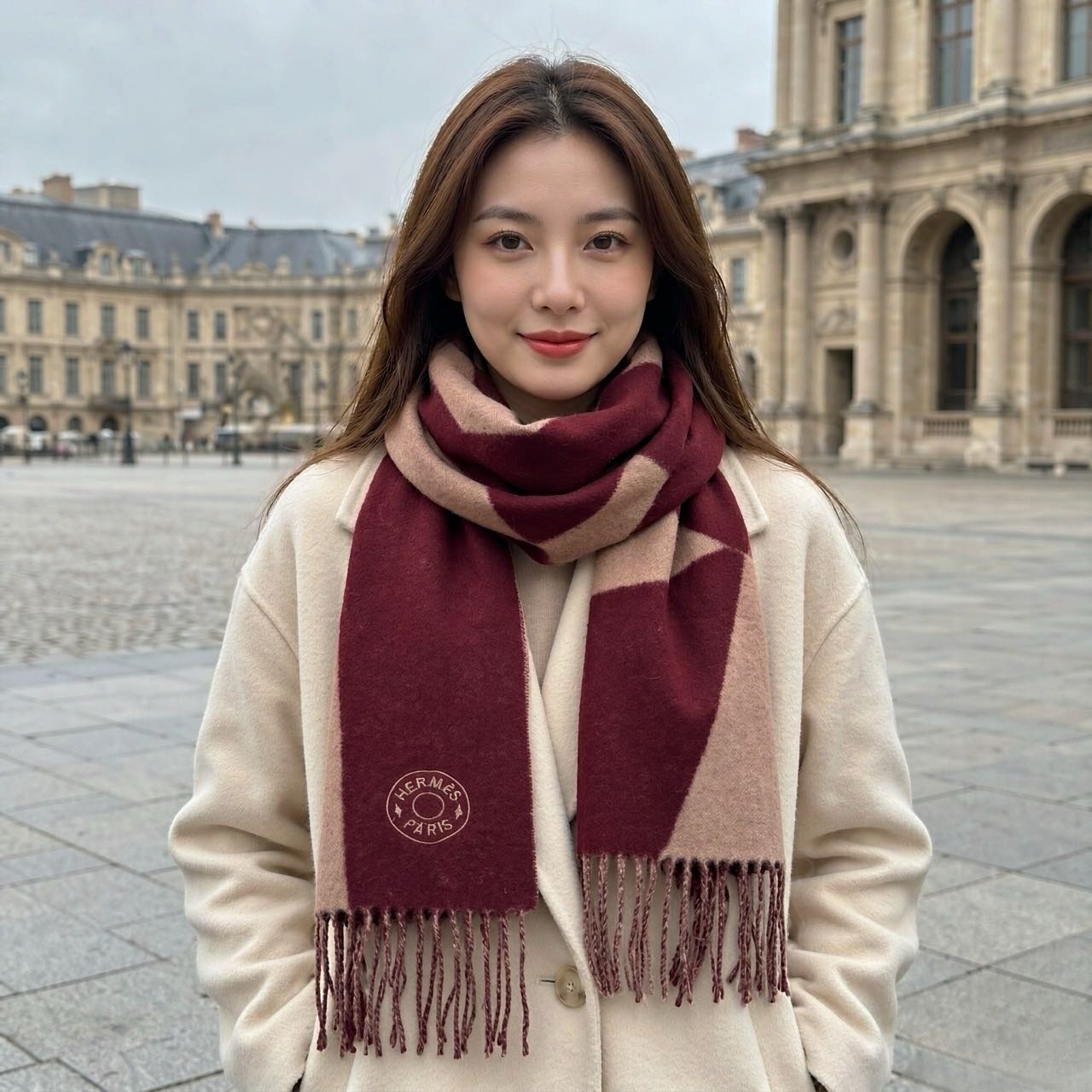 에르메스 Hermès Paris 로고 양면 프린지 머플러