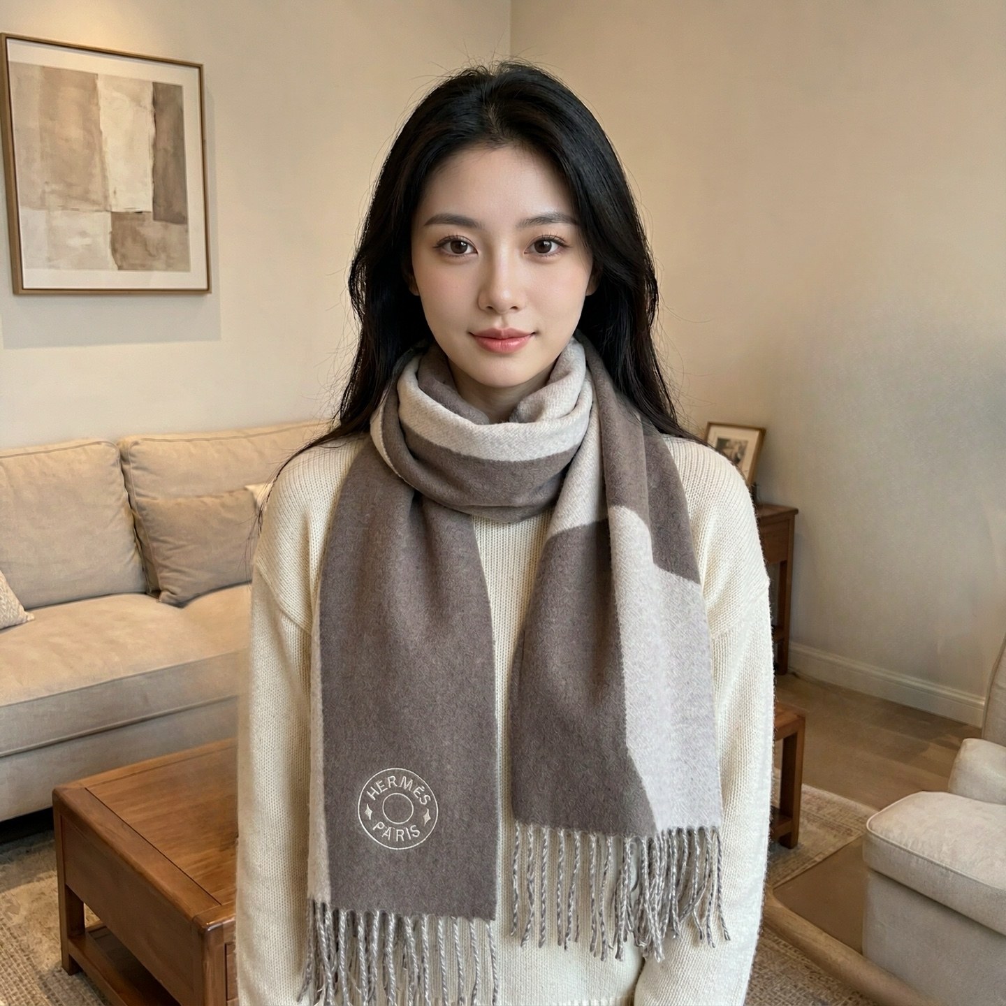에르메스 로고 서클 양면 프린지 머플러