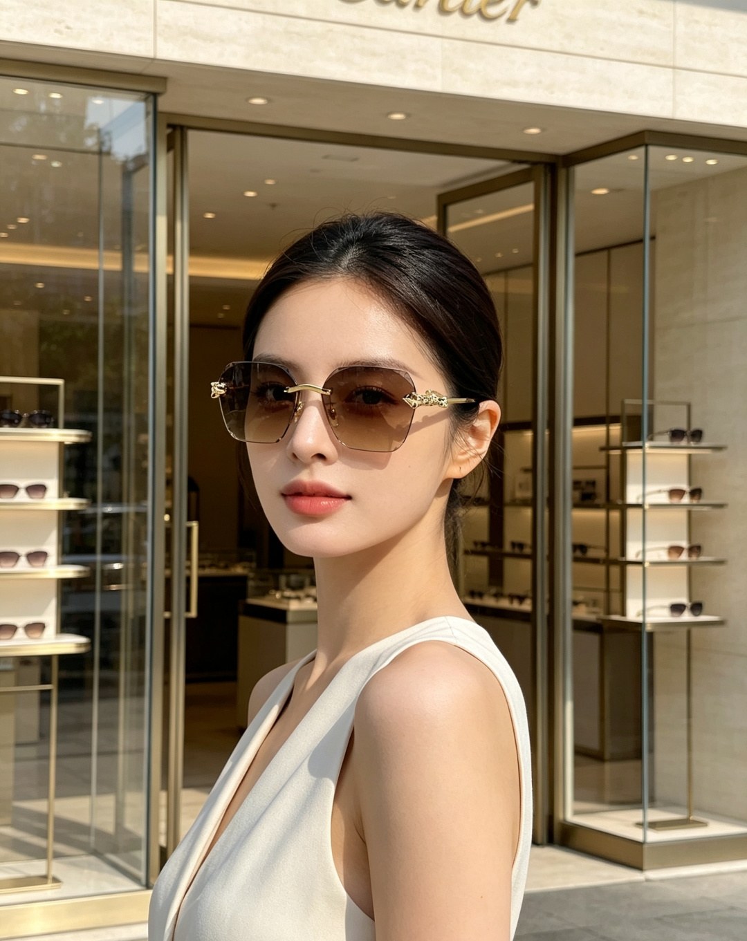 까르띠에 팬더 장식 무테 다각형 선글라스