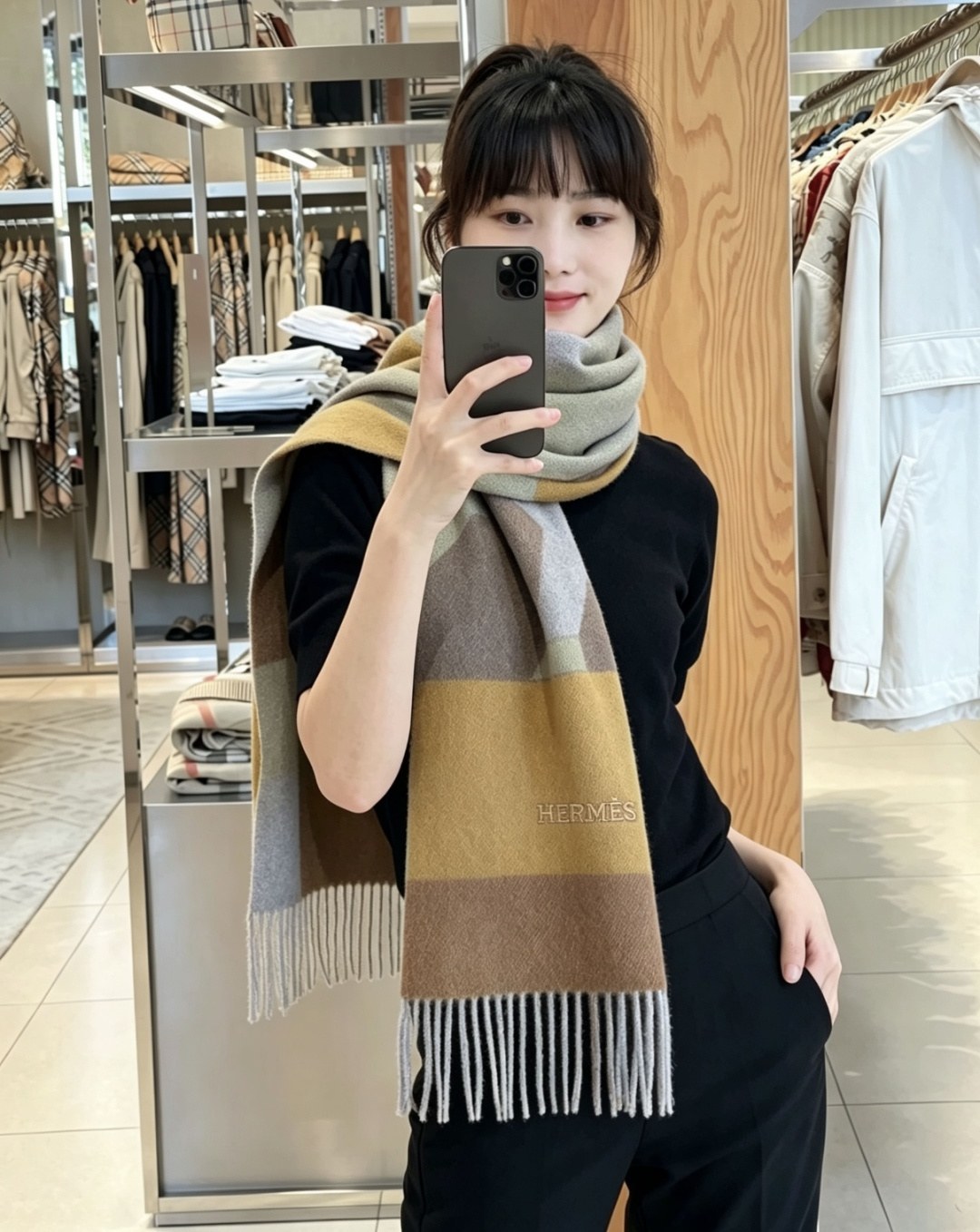 에르메스 로고 자수 컬러블록 프린지 머플러