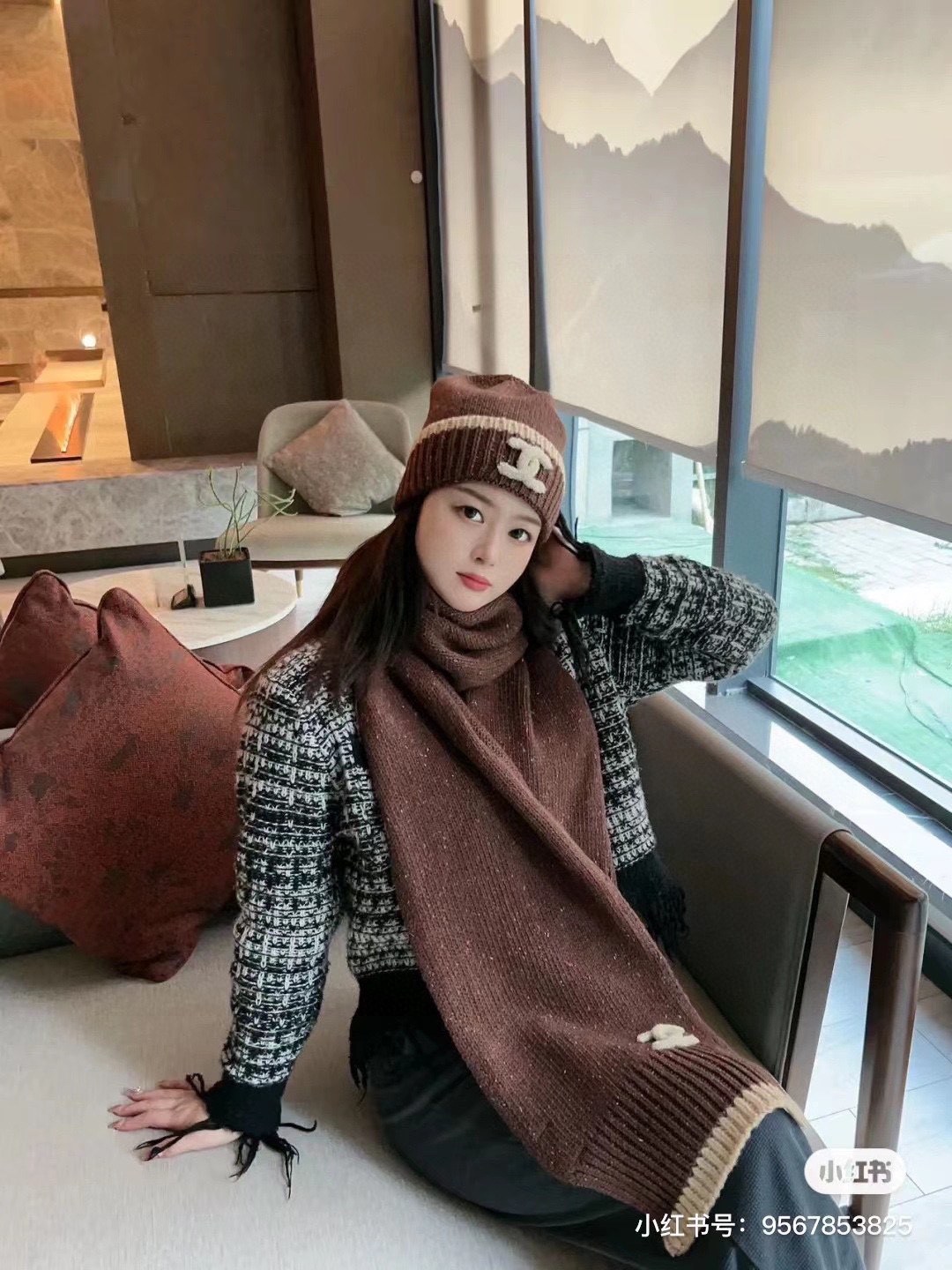 샤넬 CC 로고 리브드 니트 비니·머플러 세트